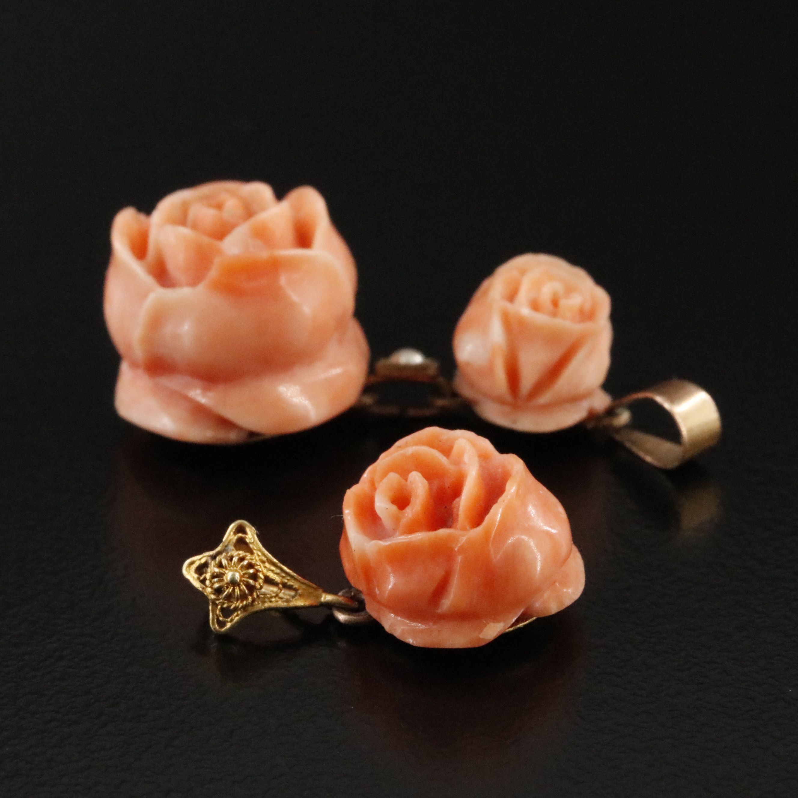 10K Carved Coral Rosettes and Seed Pearl Pendants