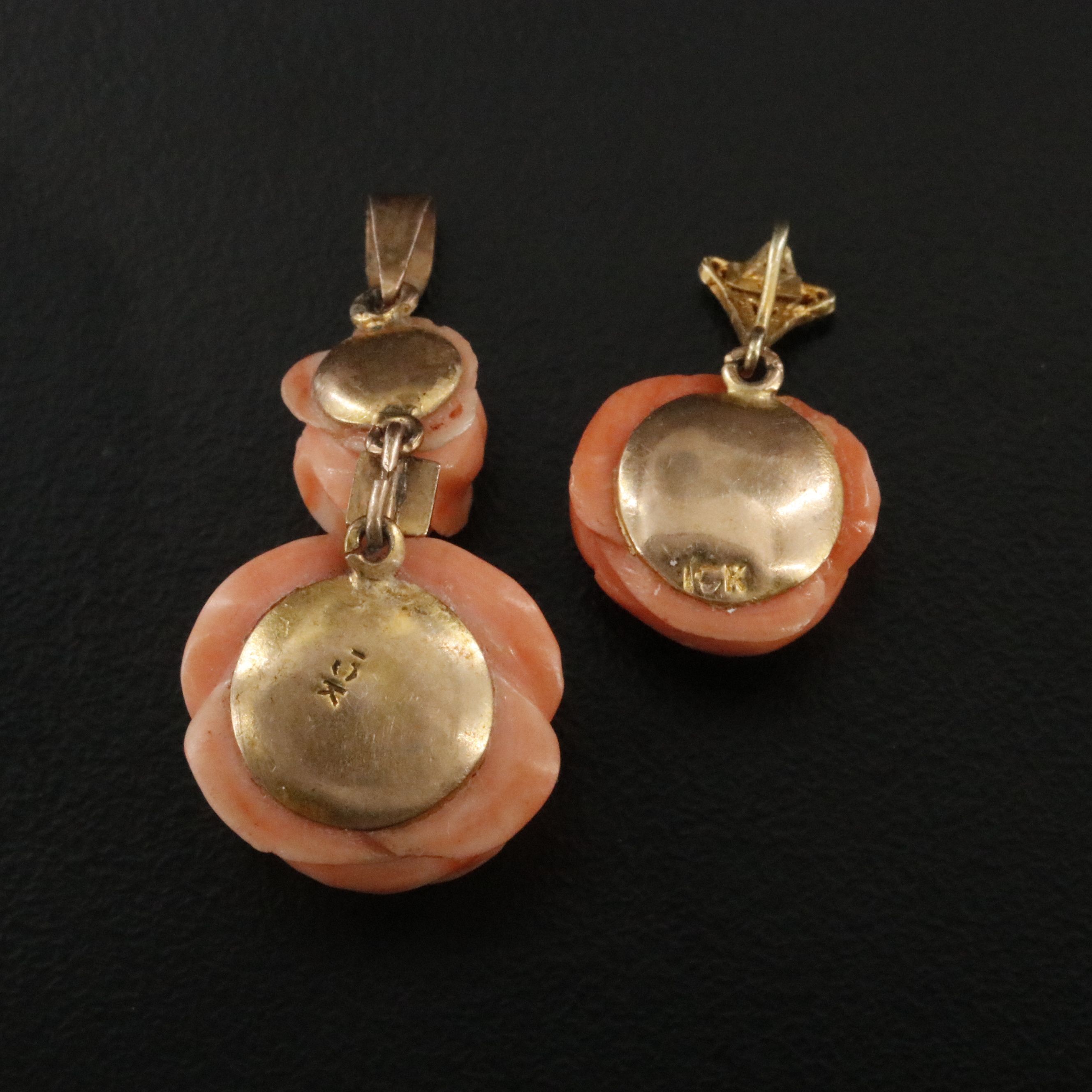 10K Carved Coral Rosettes and Seed Pearl Pendants