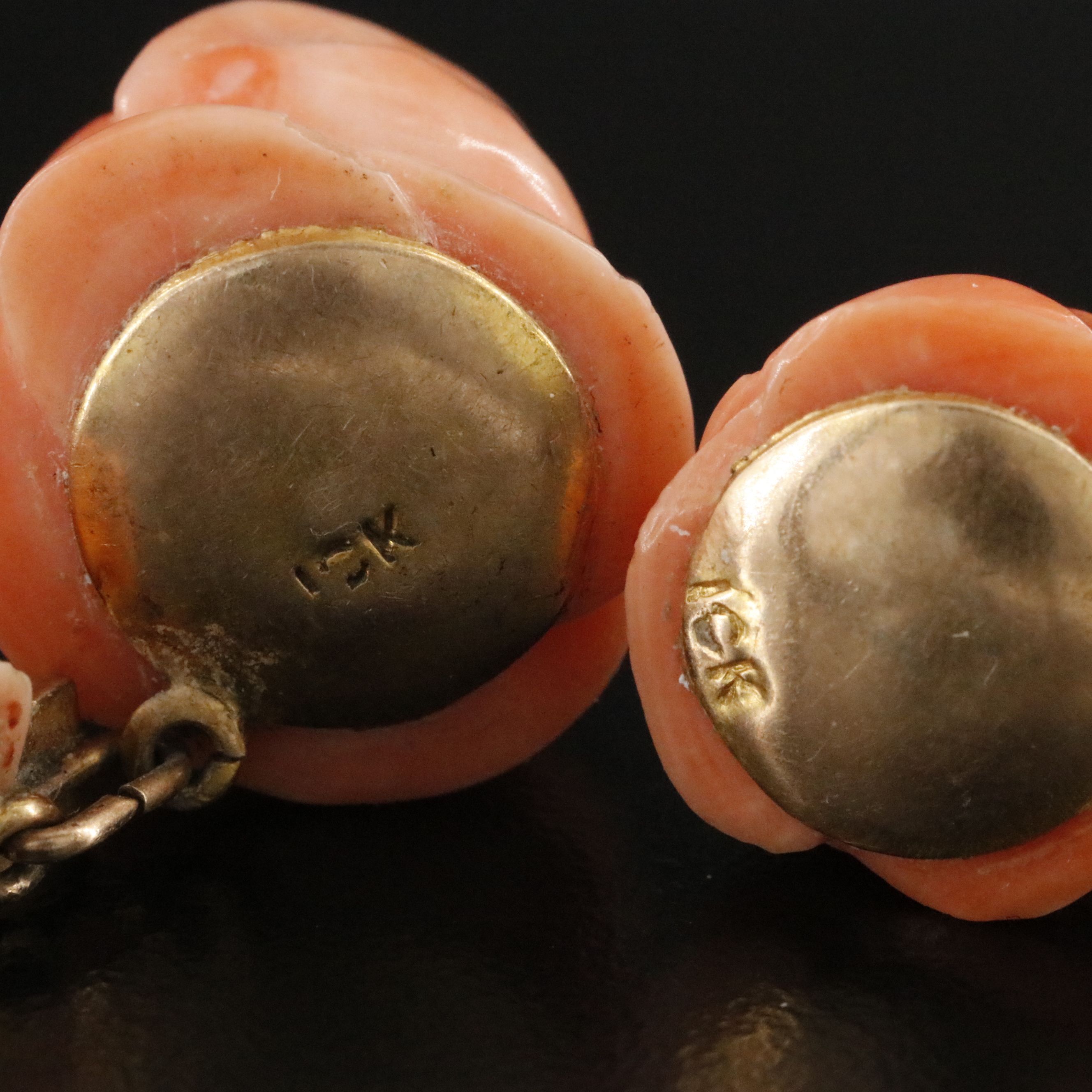 10K Carved Coral Rosettes and Seed Pearl Pendants