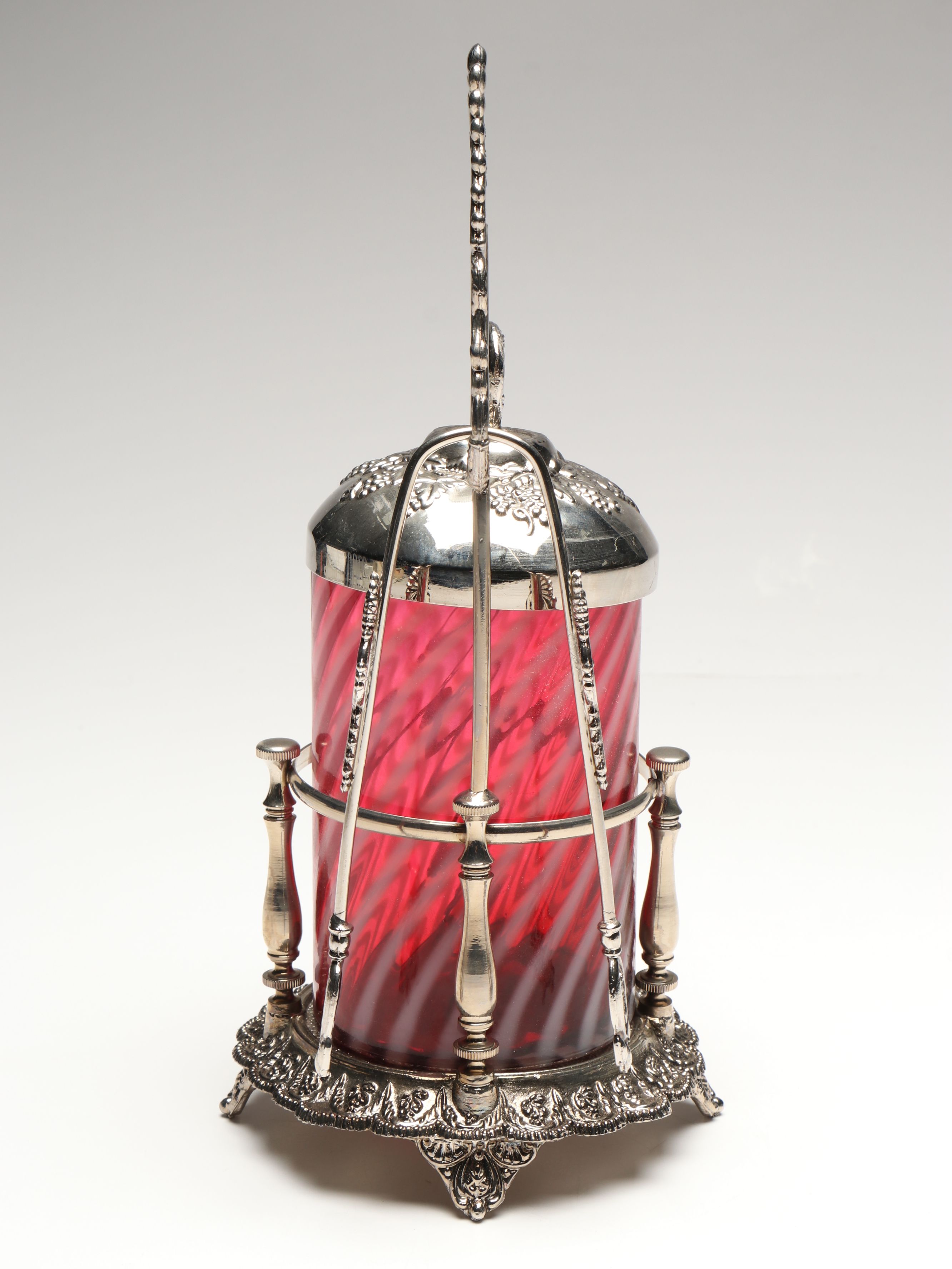 Fenton Cranberry Swirl and Metal Pickle Castor