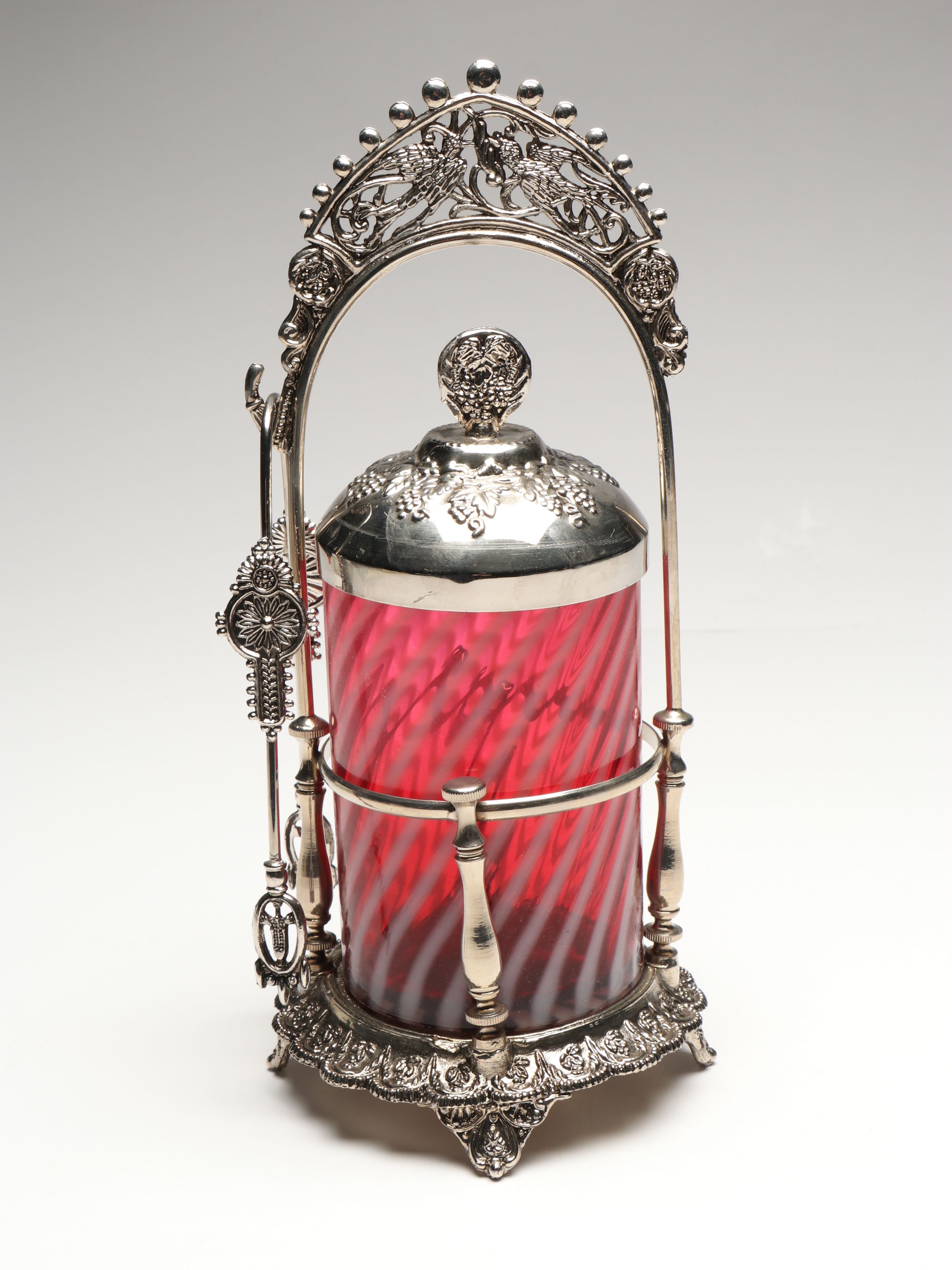 Fenton Cranberry Swirl and Metal Pickle Castor