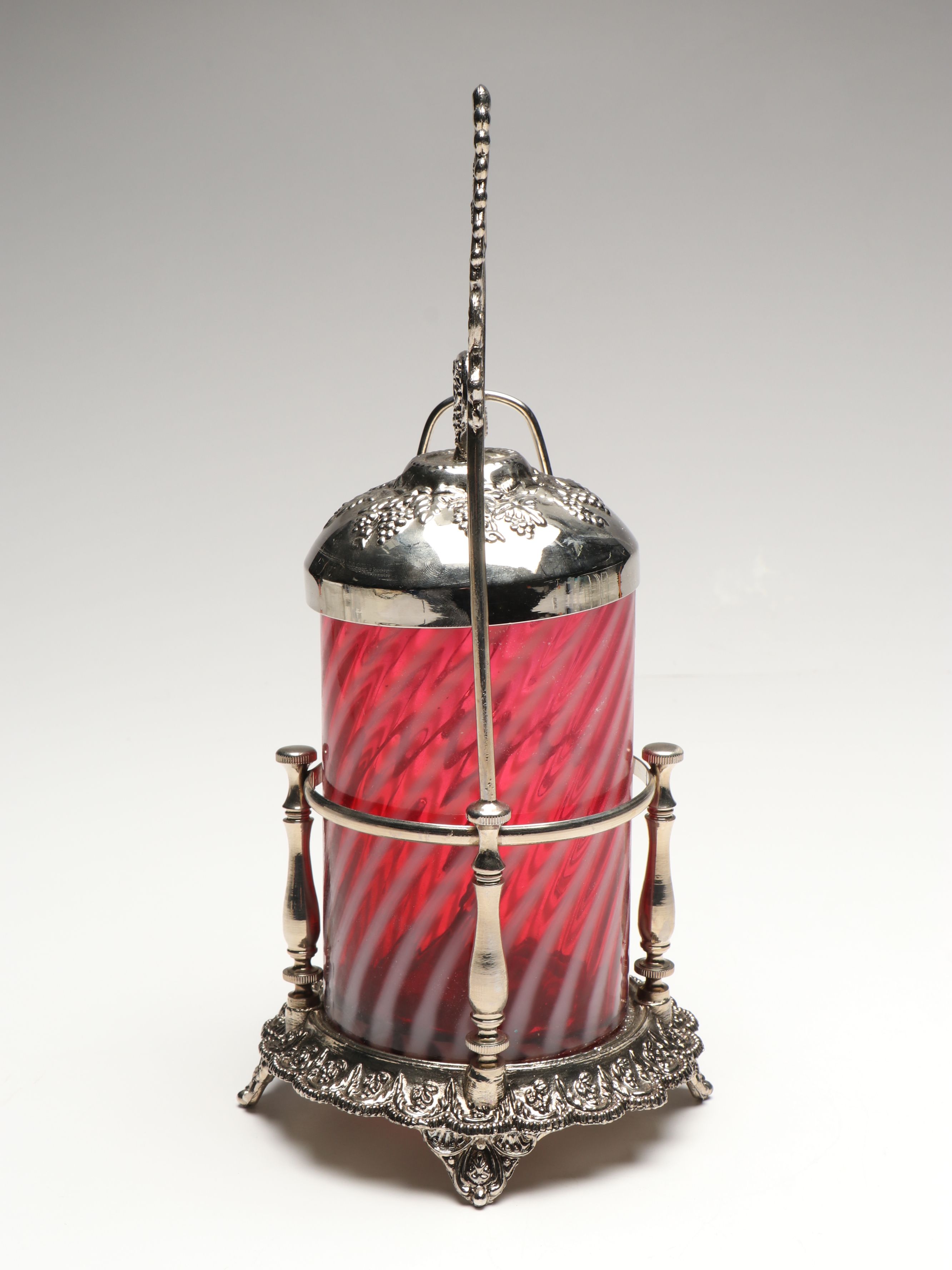 Fenton Cranberry Swirl and Metal Pickle Castor