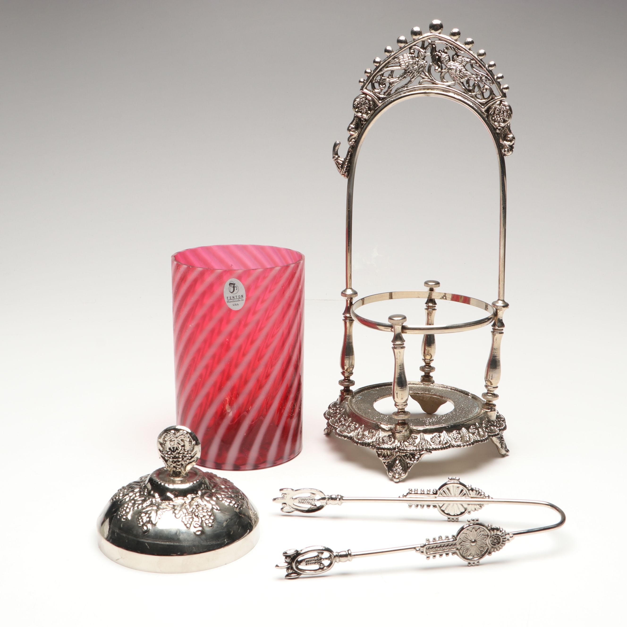 Fenton Cranberry Swirl and Metal Pickle Castor