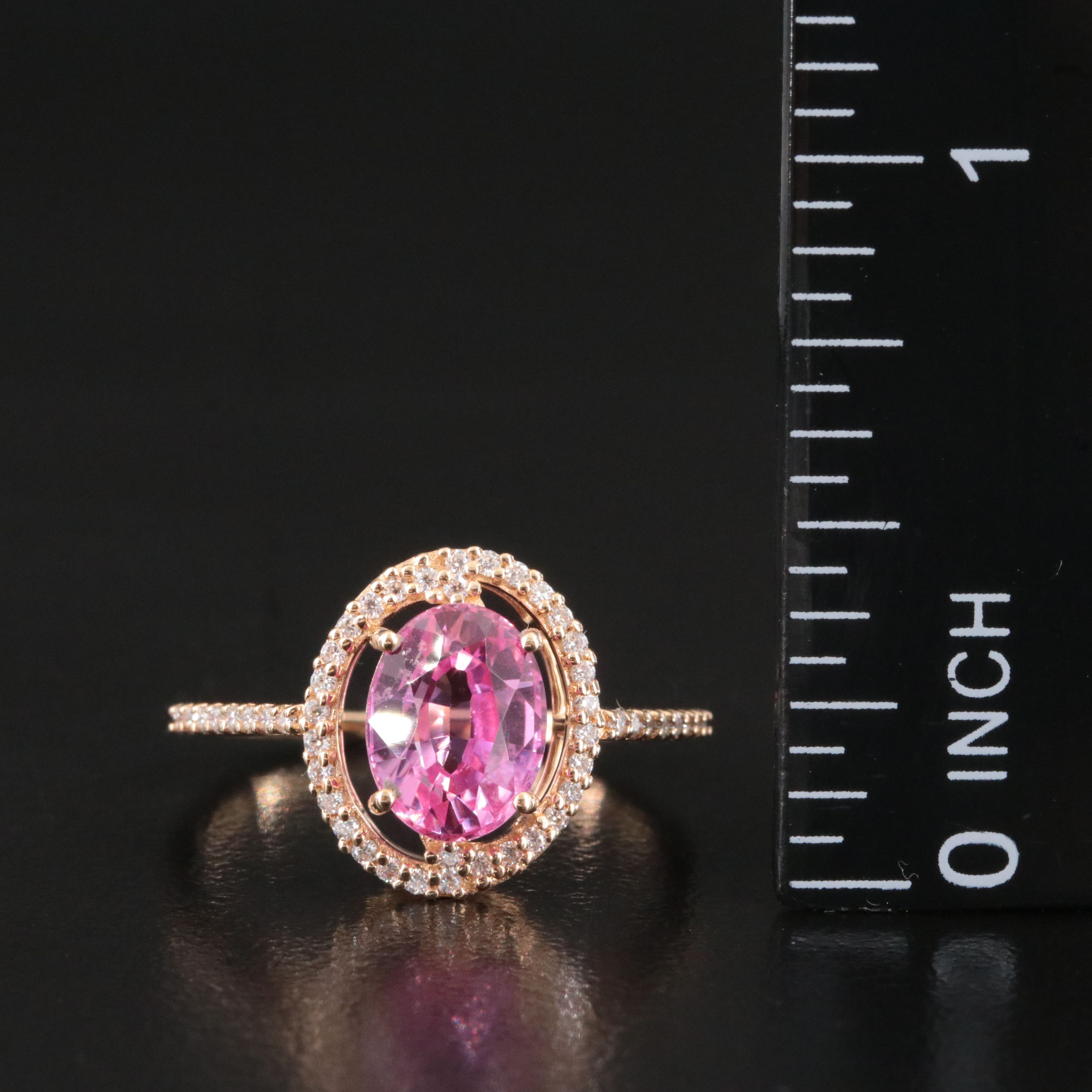 14K Lab Grown Pink Sapphire and Moissanite Halo Ring