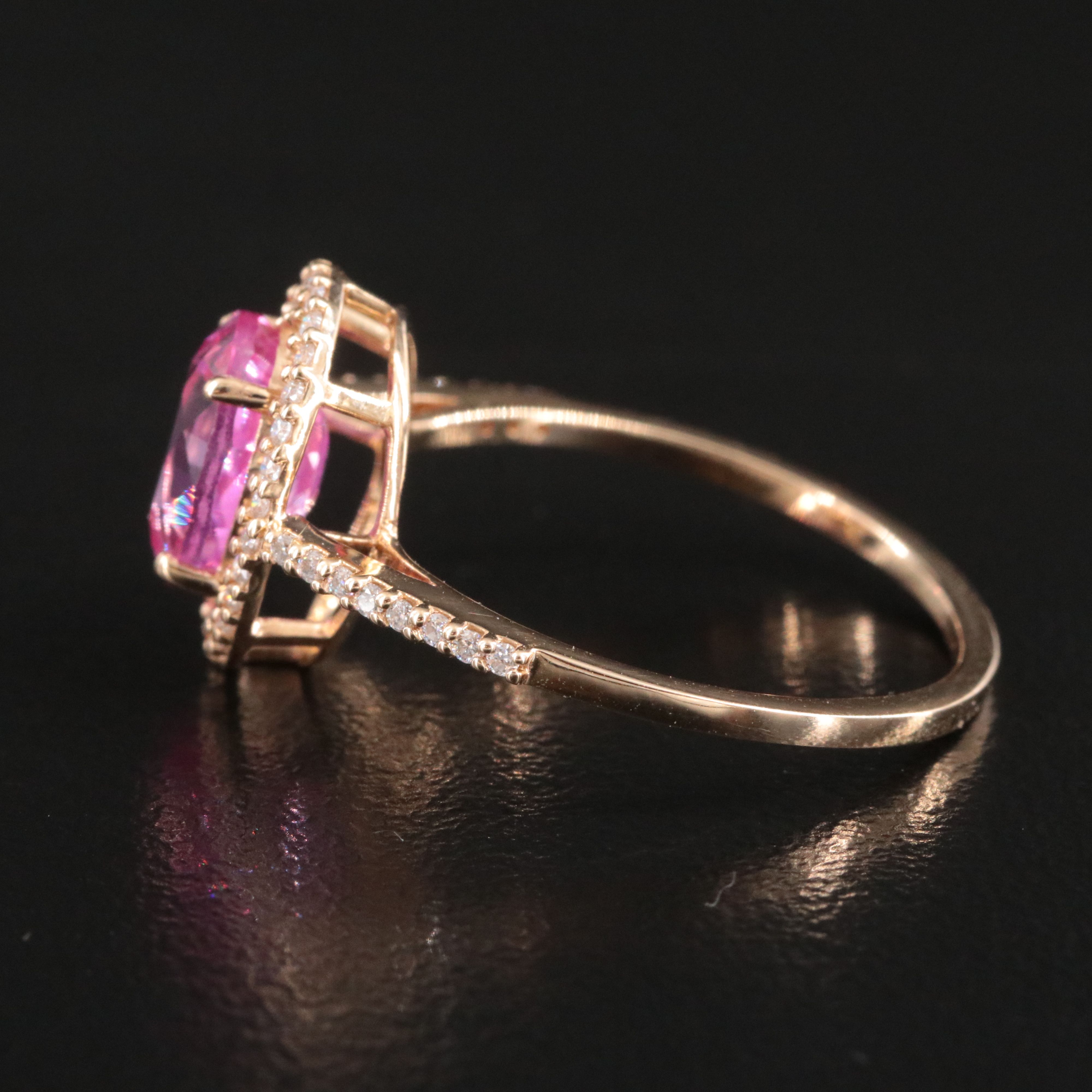 14K Lab Grown Pink Sapphire and Moissanite Halo Ring