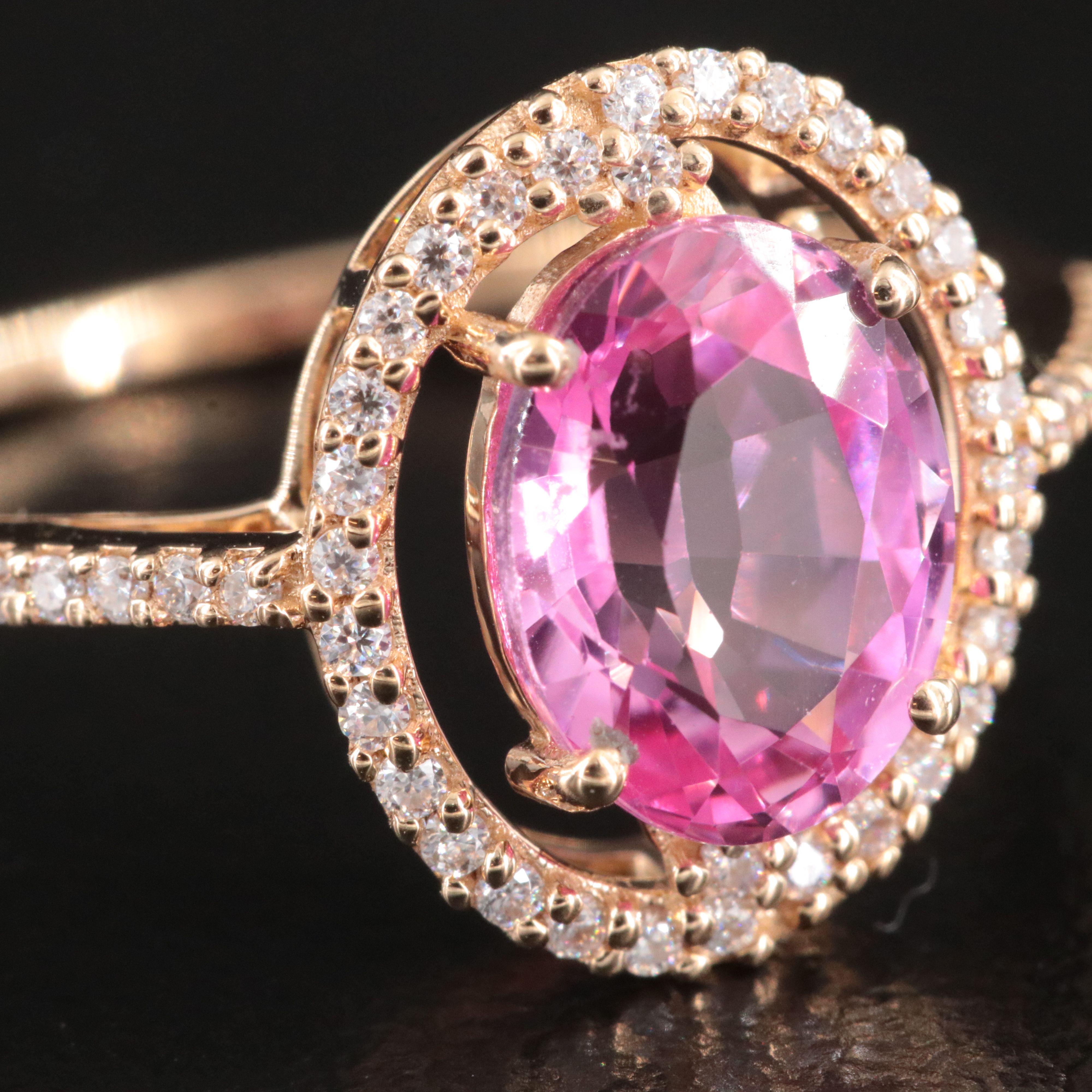 14K Lab Grown Pink Sapphire and Moissanite Halo Ring