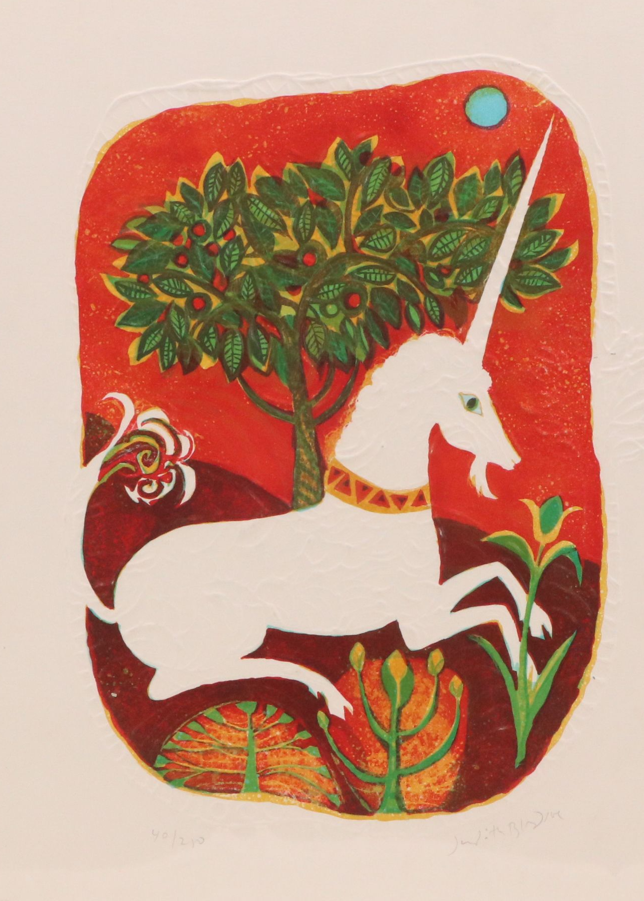 Judith Bledsoe Embossed Lithograph "Unicorn Tapestry," 1981