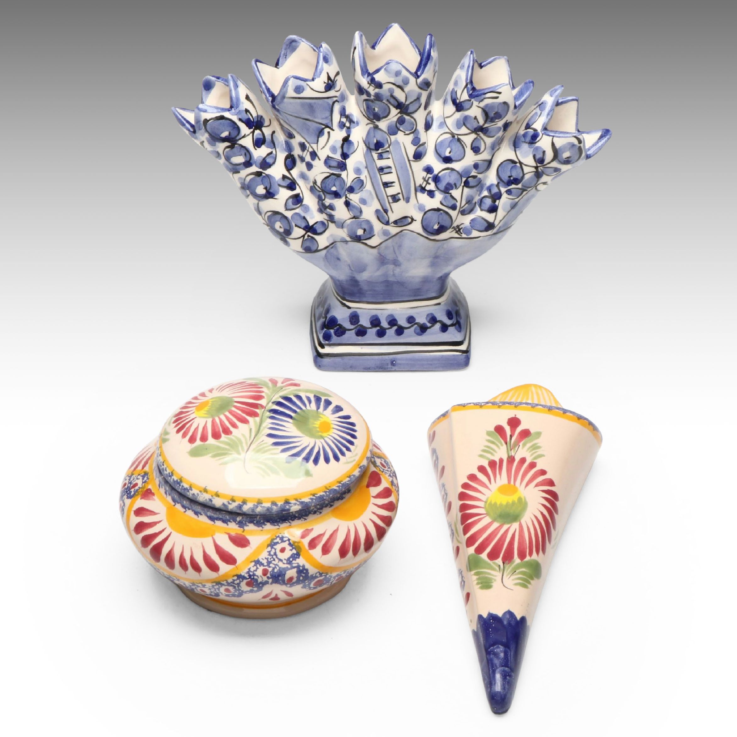 Henriot Quimper Ceramic Wall Pocket and Lidded Jar with More Hand-Painted Décor