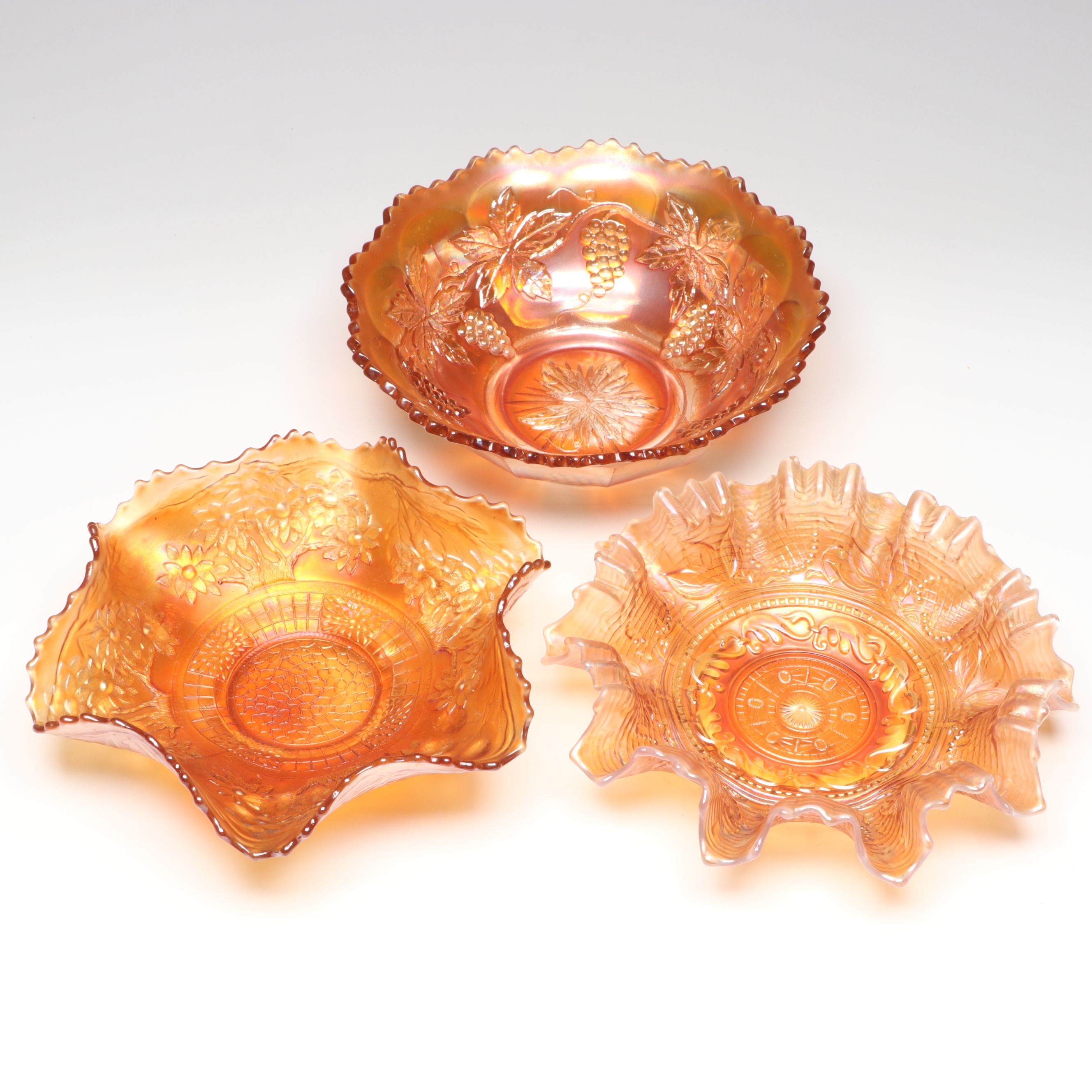 "Grape and Cable,"  "Fanciful" and More Marigold Carnival Glass Bowls