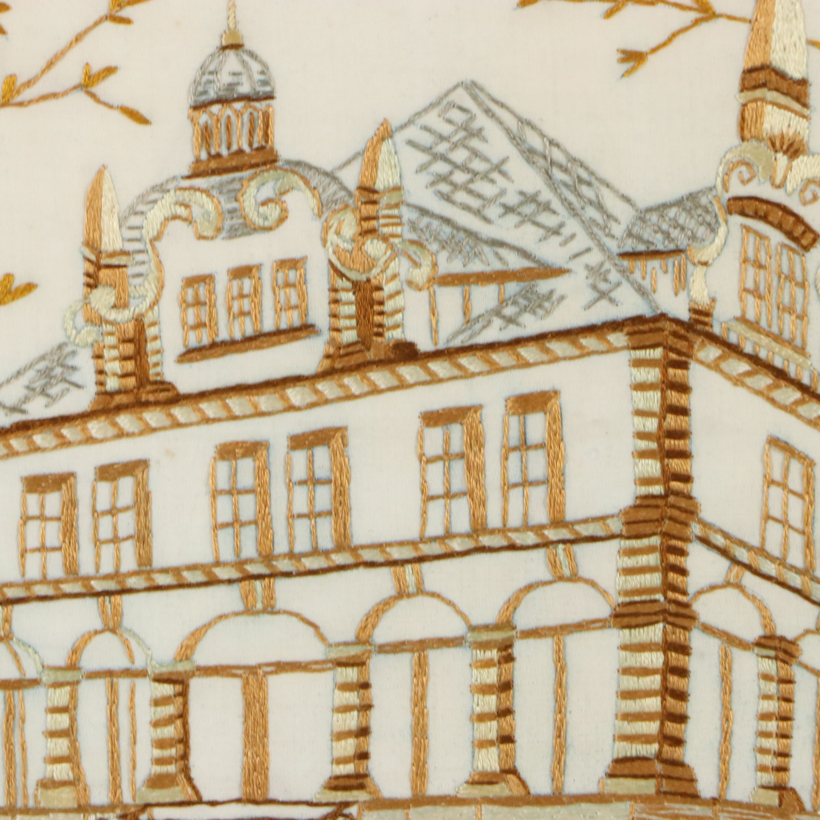 Hand-Embroidered Architectural View of Stone Manor