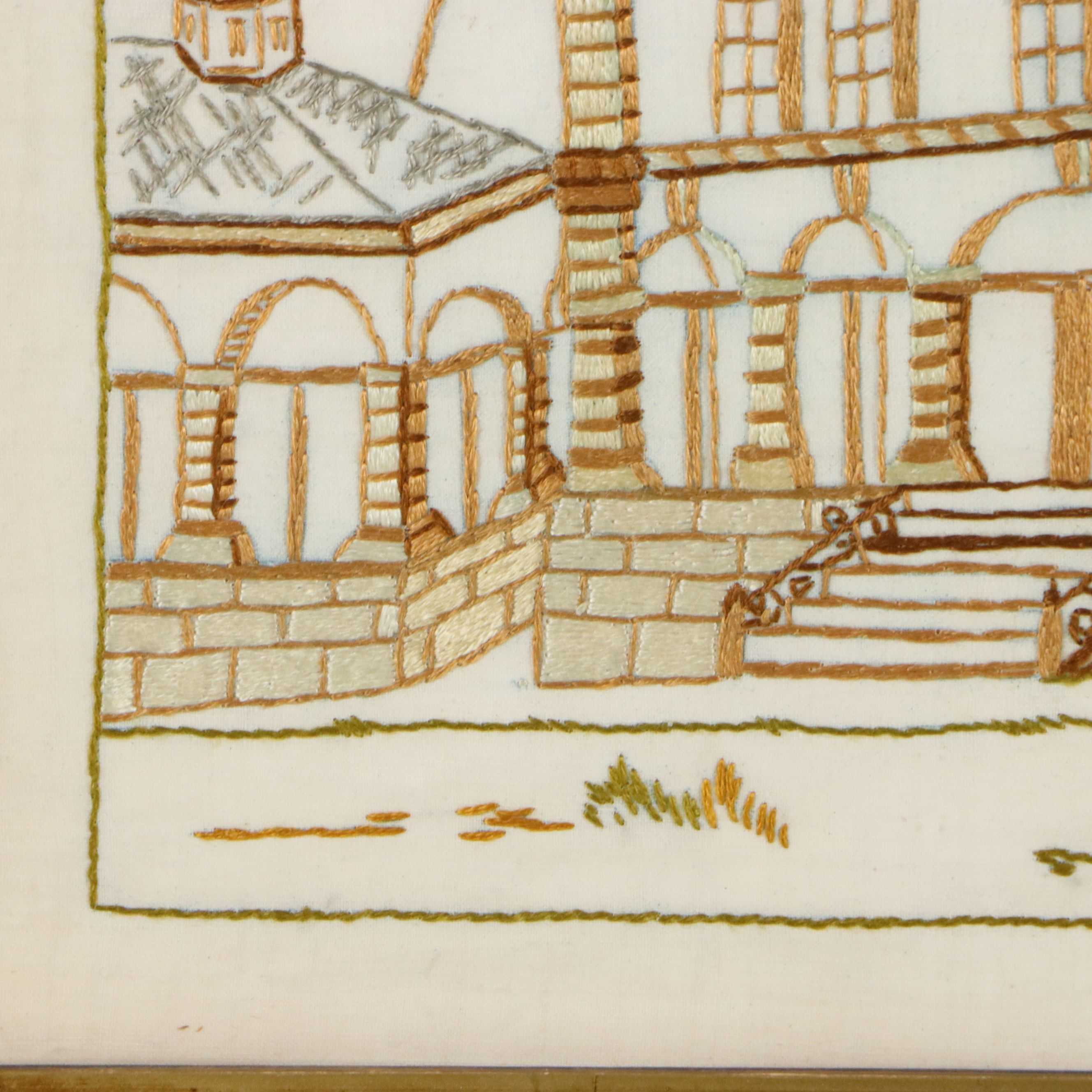 Hand-Embroidered Architectural View of Stone Manor
