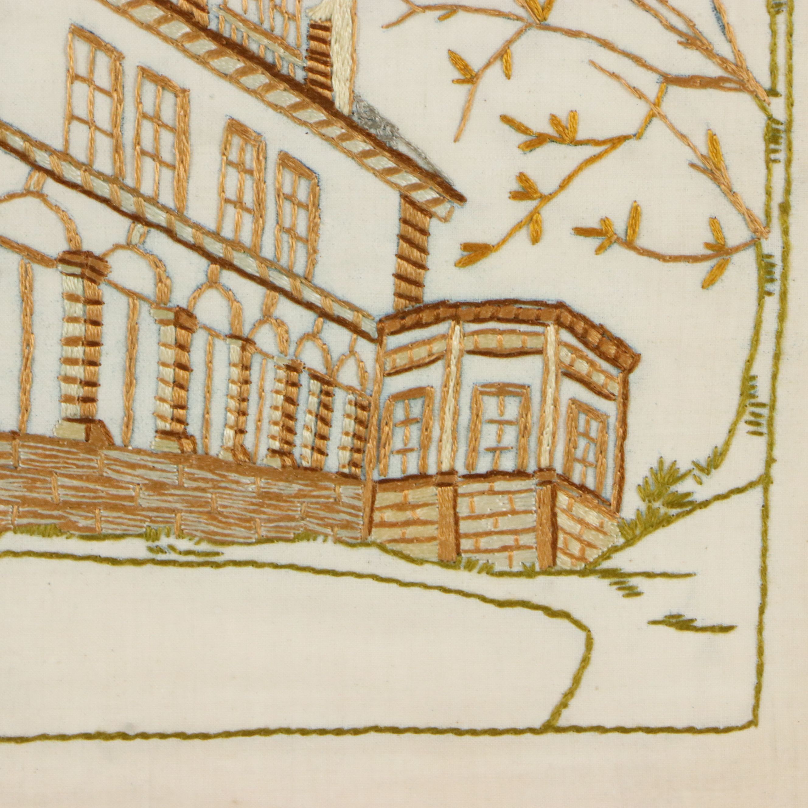 Hand-Embroidered Architectural View of Stone Manor