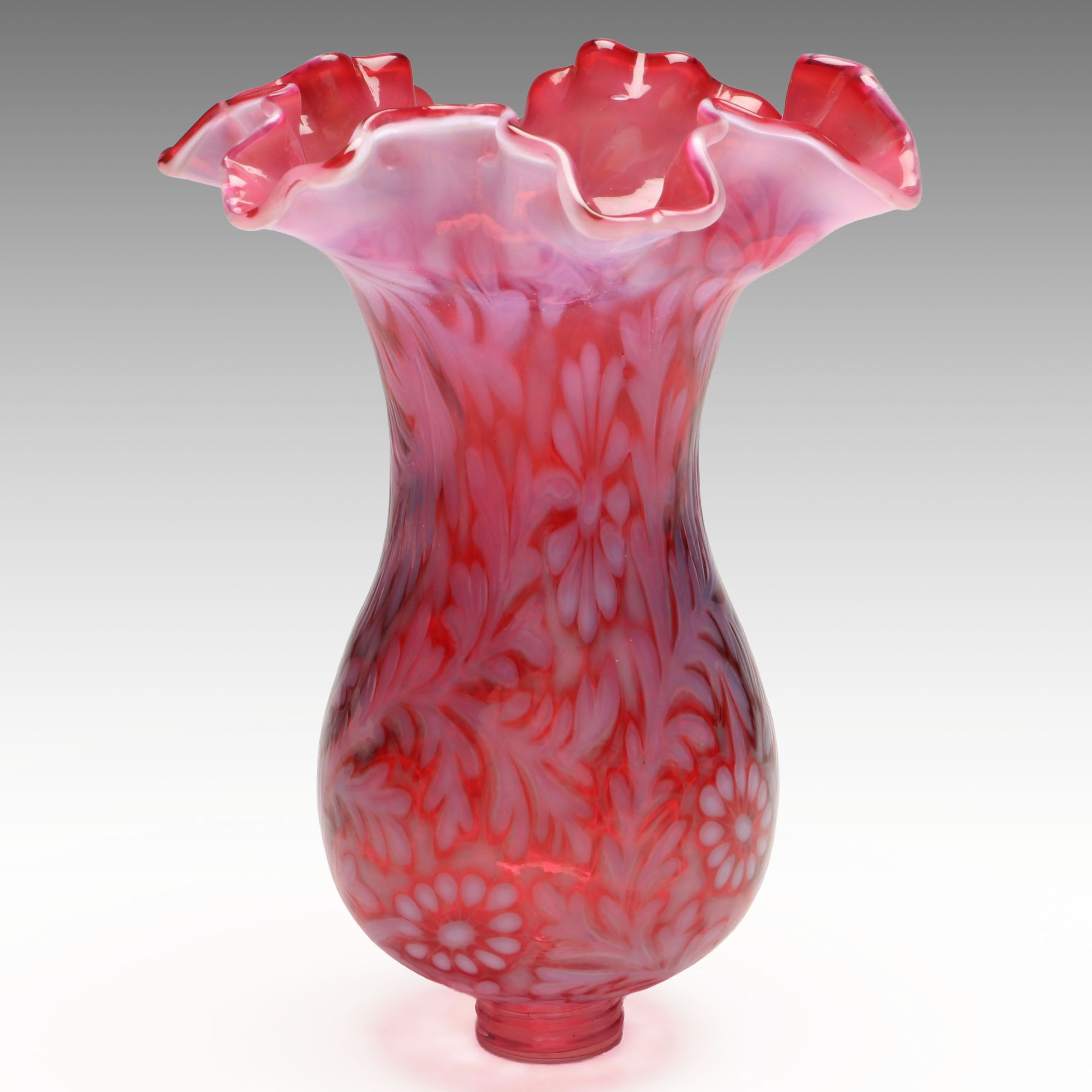 Fenton "Daisy and Fern" Cranberry Opalescent Glass Hurricane