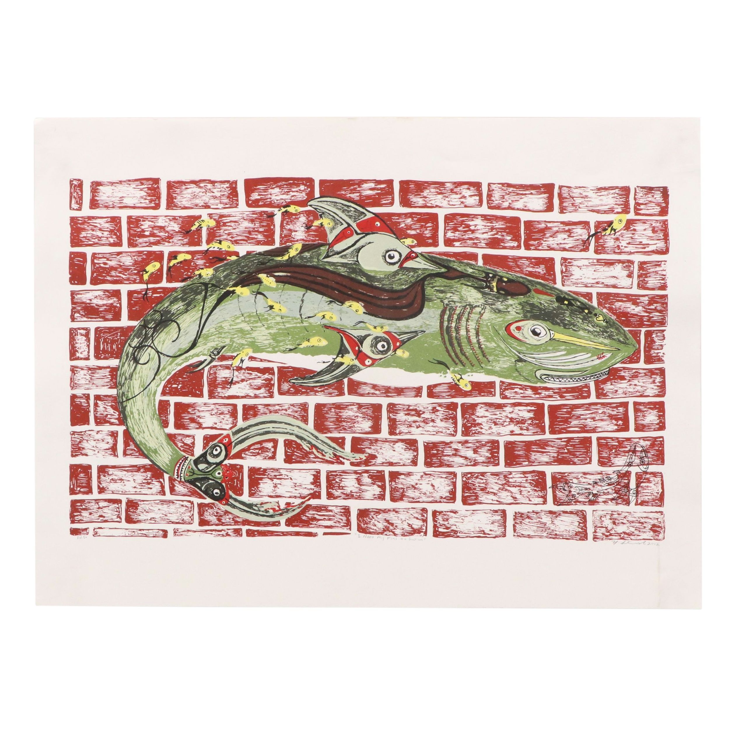 Nick Stavrides Silkscreen on Paper "I Need My Fins to Swim," 2012