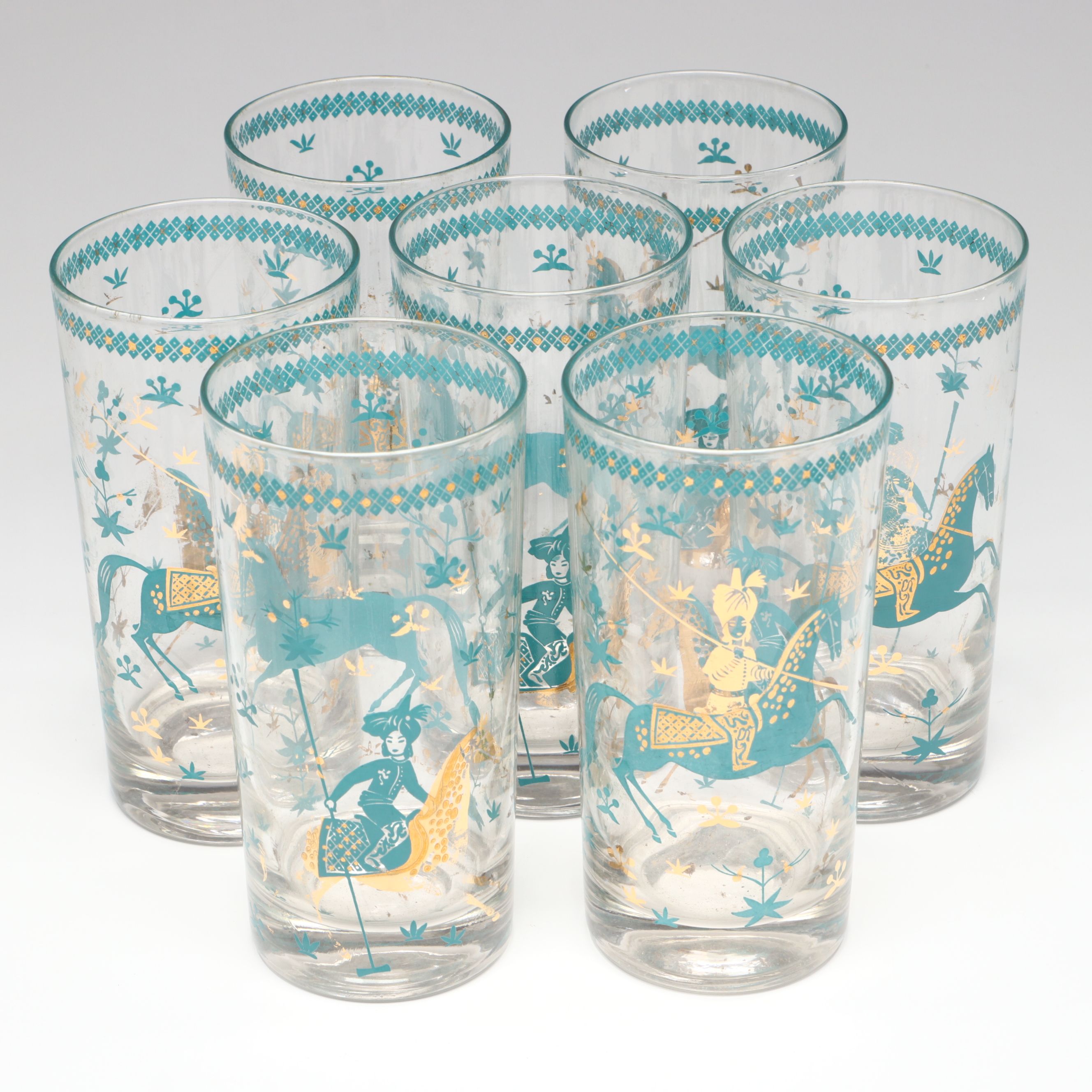 Mid Century Modern Persian Polo Player Glass Highballs in Brass Carrier