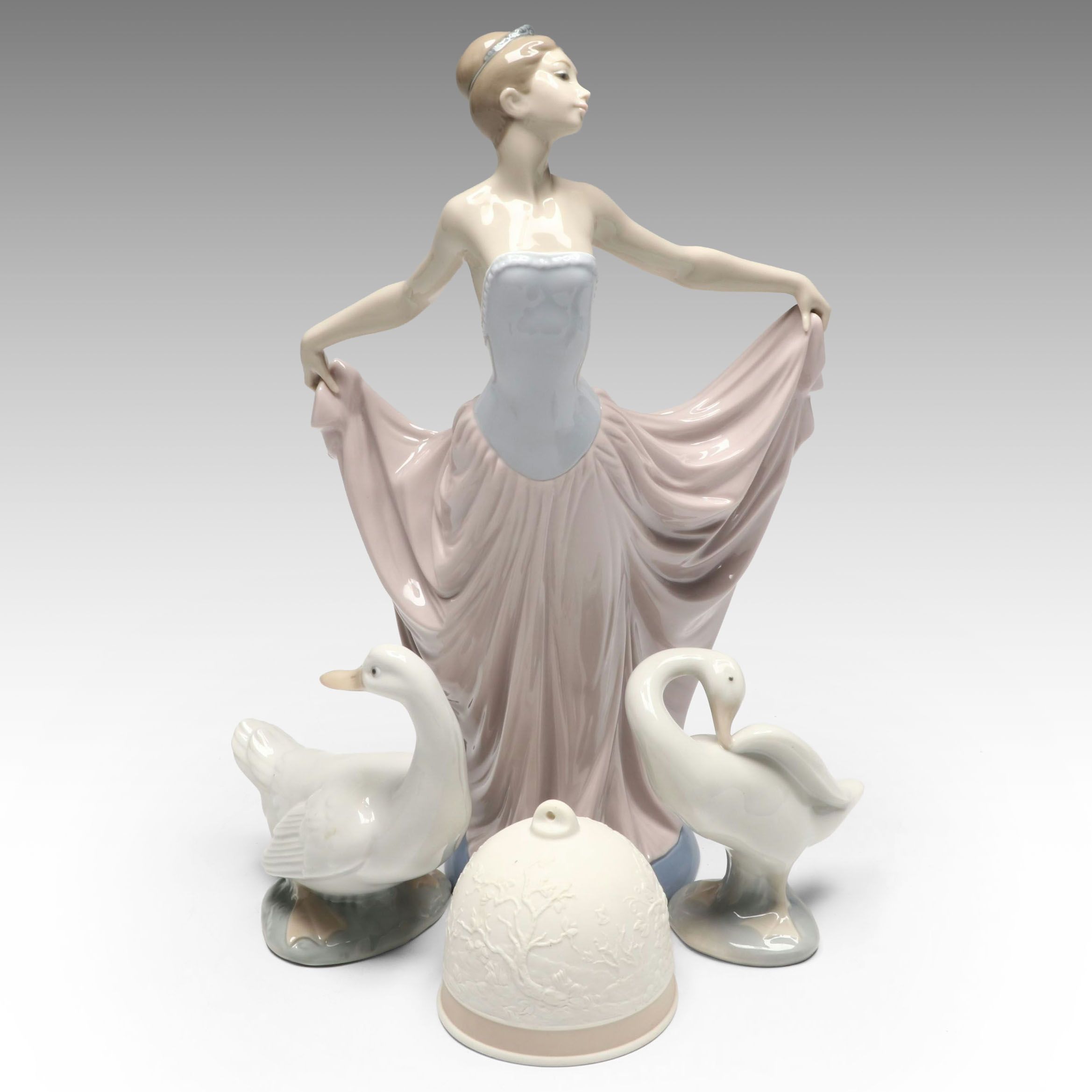 Lladró Porcelain "Dancer," "Little Duck" Porcelain Figures and Bell