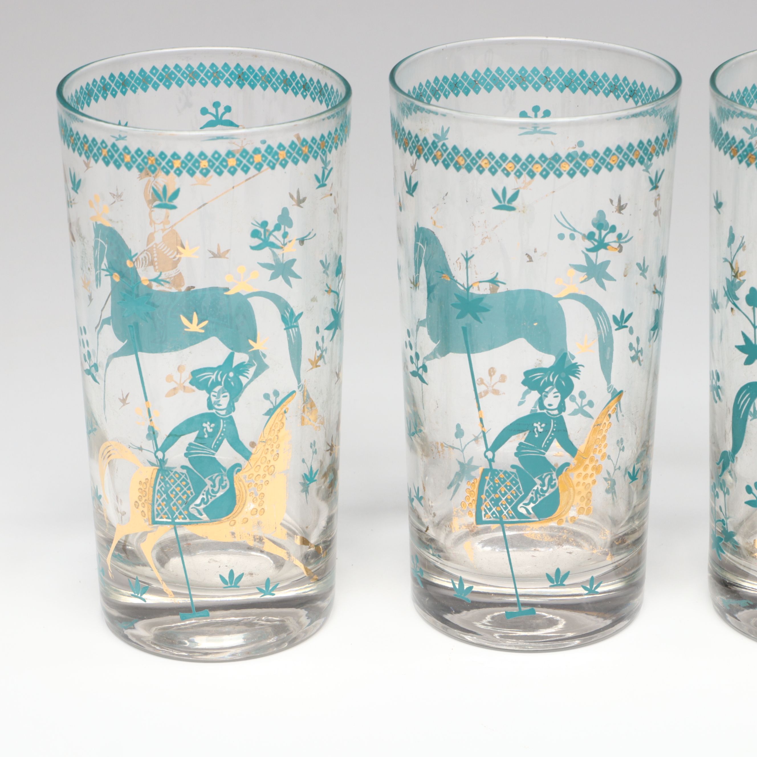 Mid Century Modern Persian Polo Player Glass Highballs in Brass Carrier