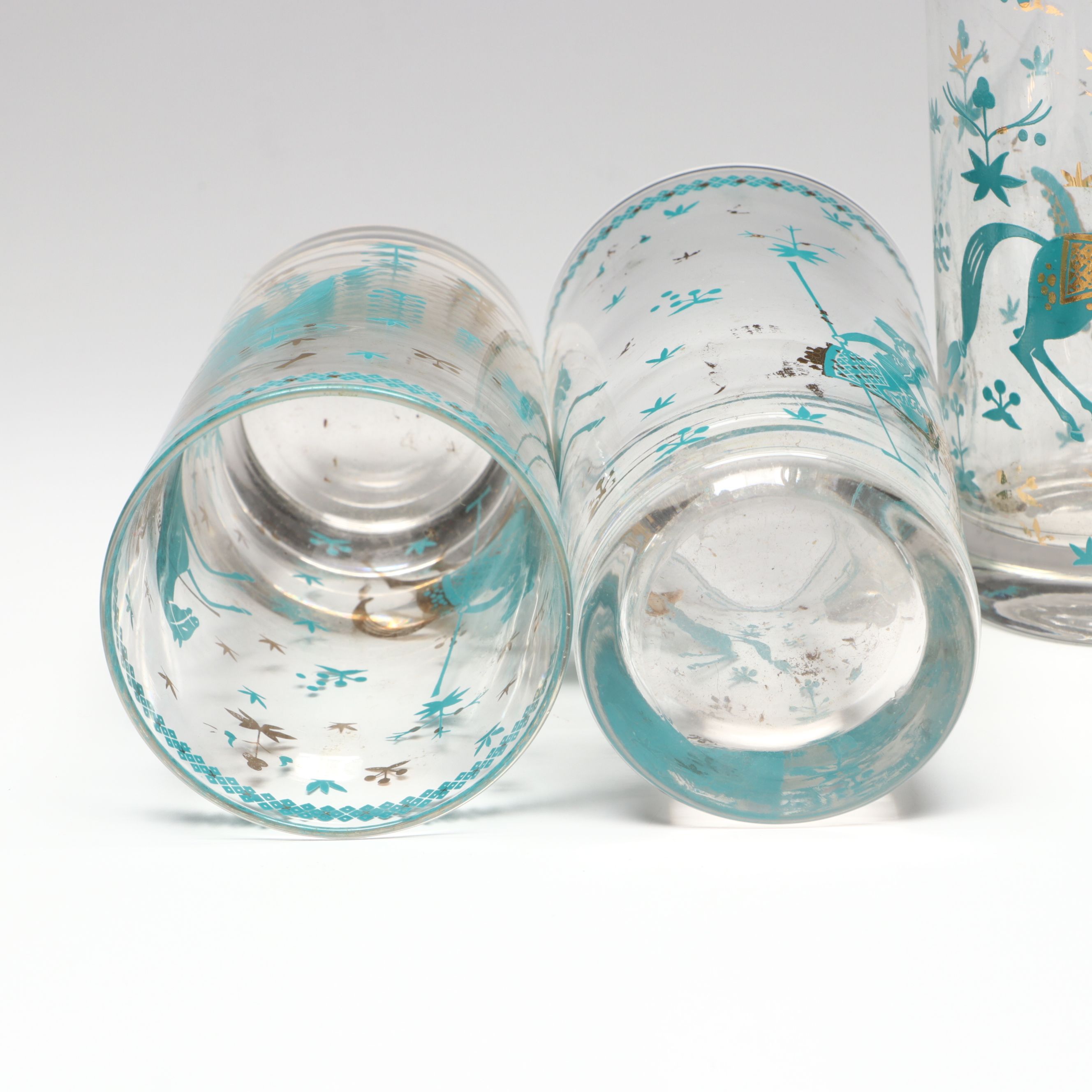 Mid Century Modern Persian Polo Player Glass Highballs in Brass Carrier