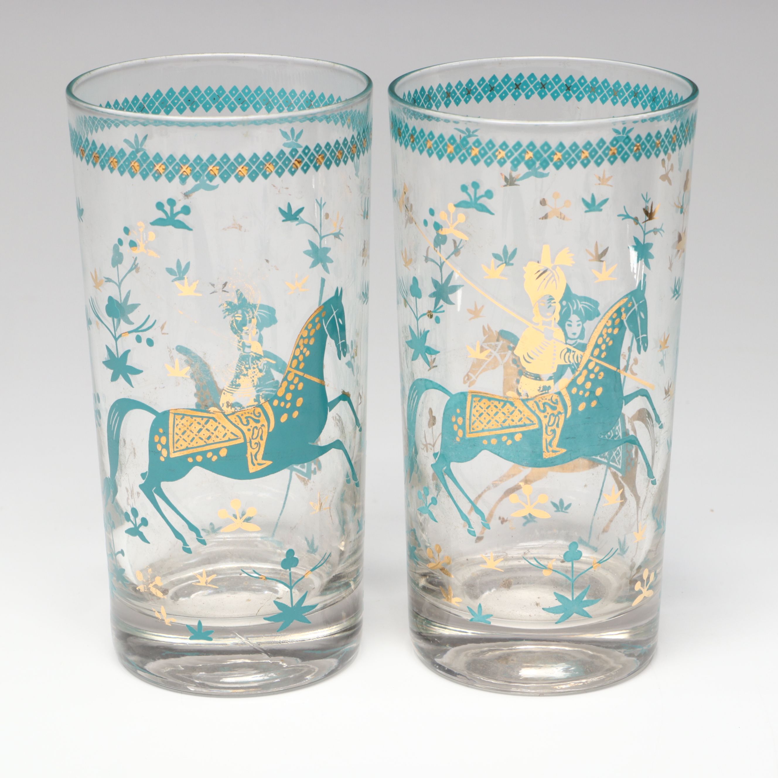 Mid Century Modern Persian Polo Player Glass Highballs in Brass Carrier