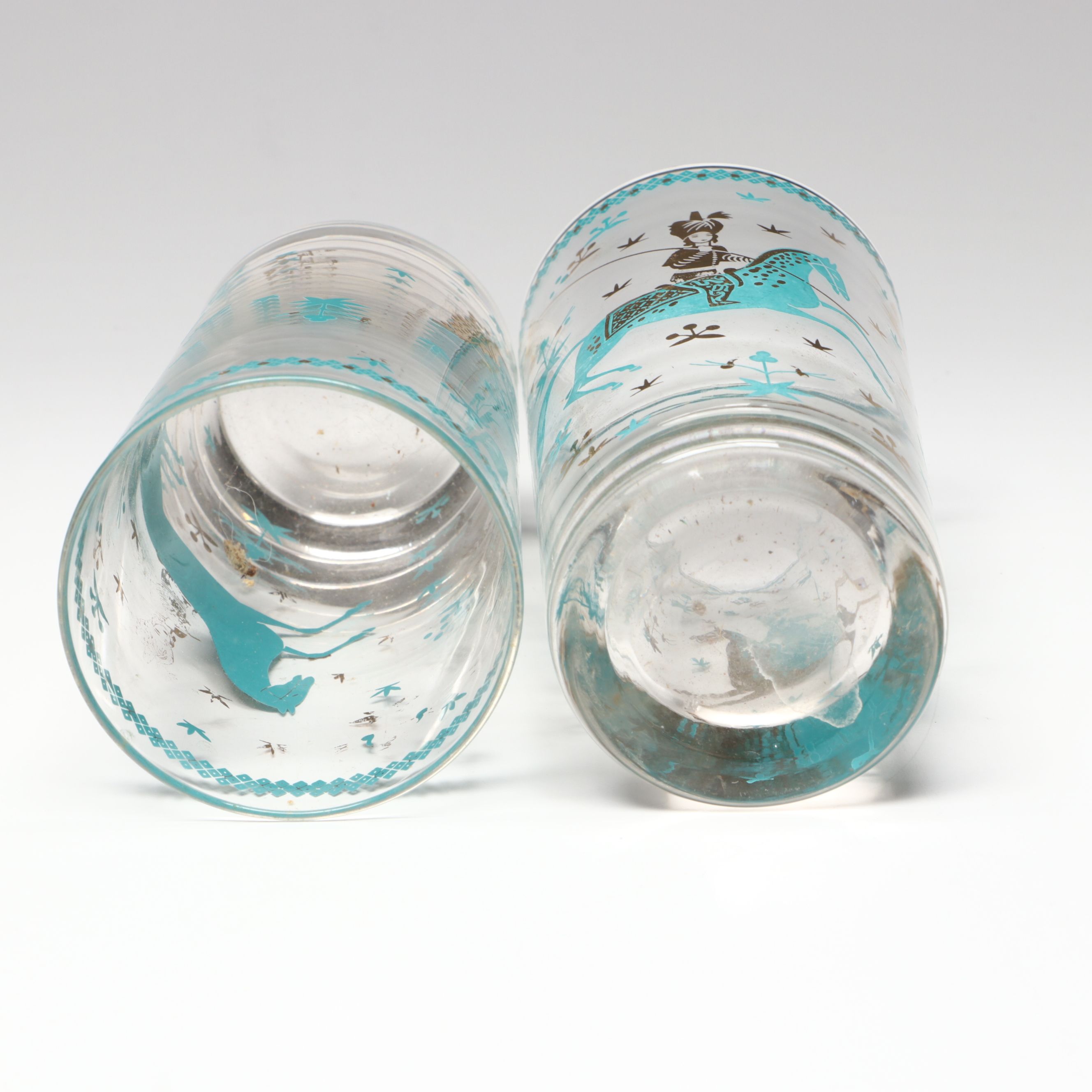 Mid Century Modern Persian Polo Player Glass Highballs in Brass Carrier