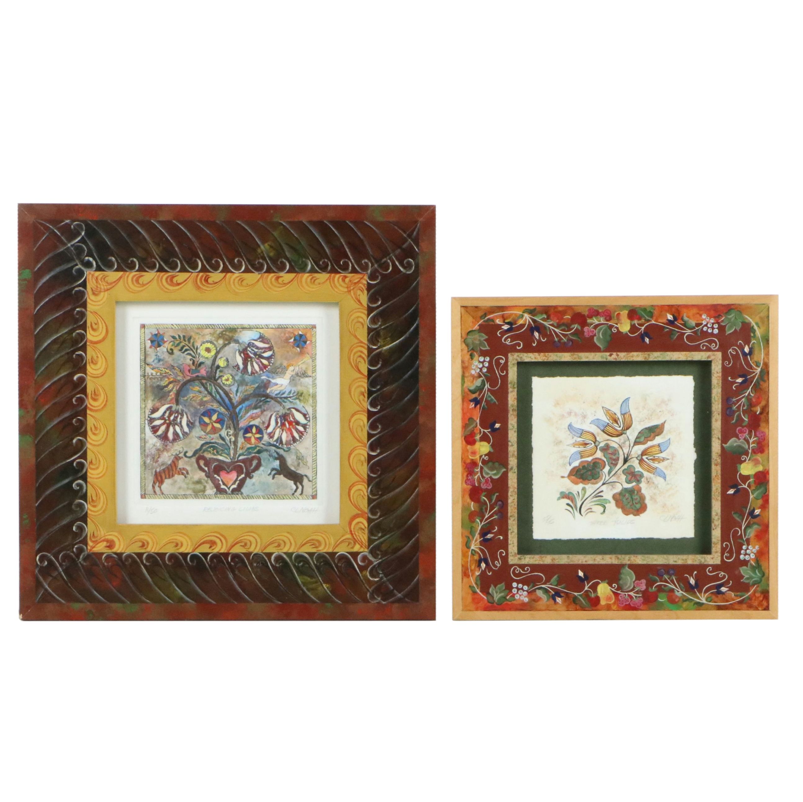 Chris Noah-Cooper Hand-Colored Etchings "Three Tulips" and "Rejoicing Lilies"