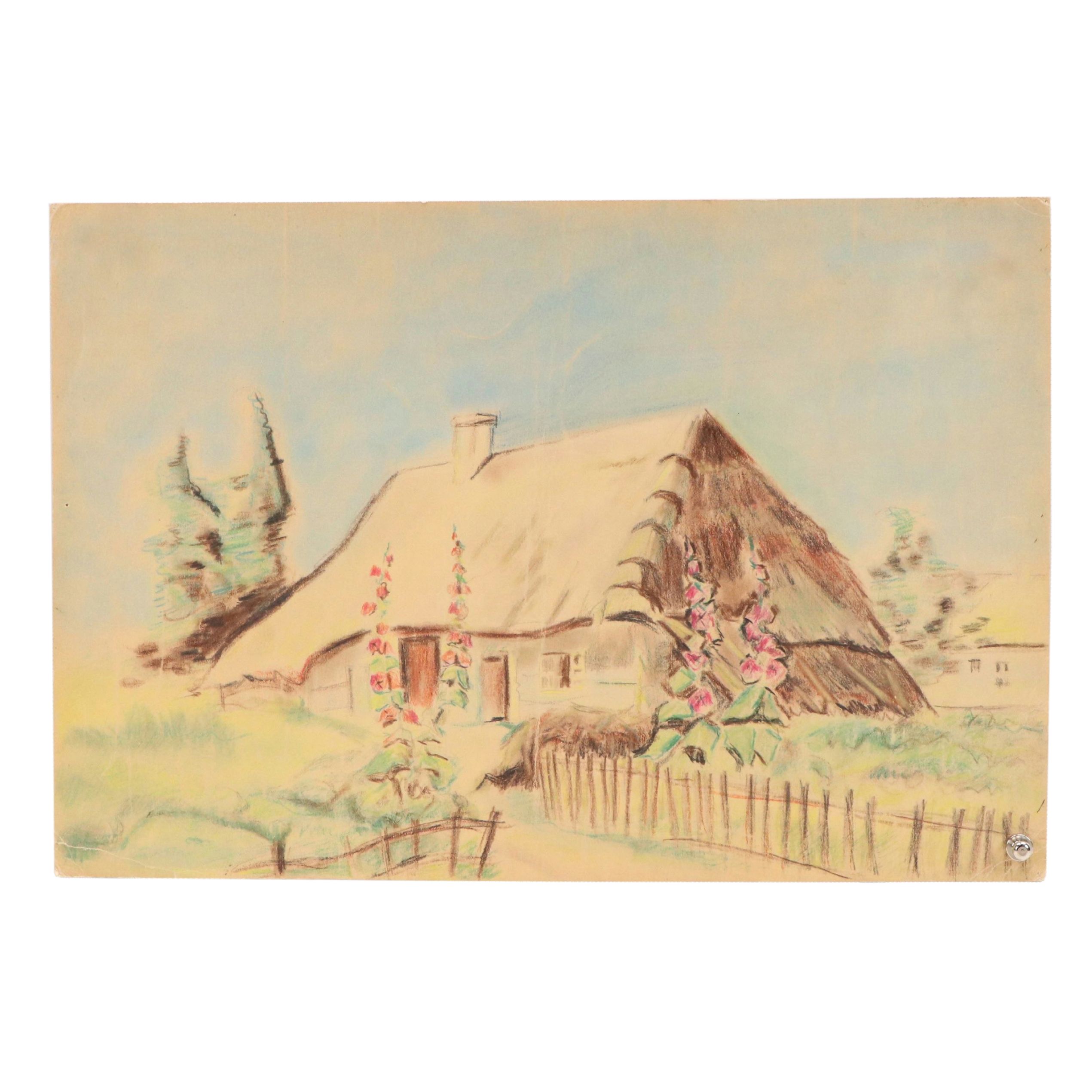 André Dauchez Drawing of Breton Cottage with Hay Roof on Paper, Circa 1920