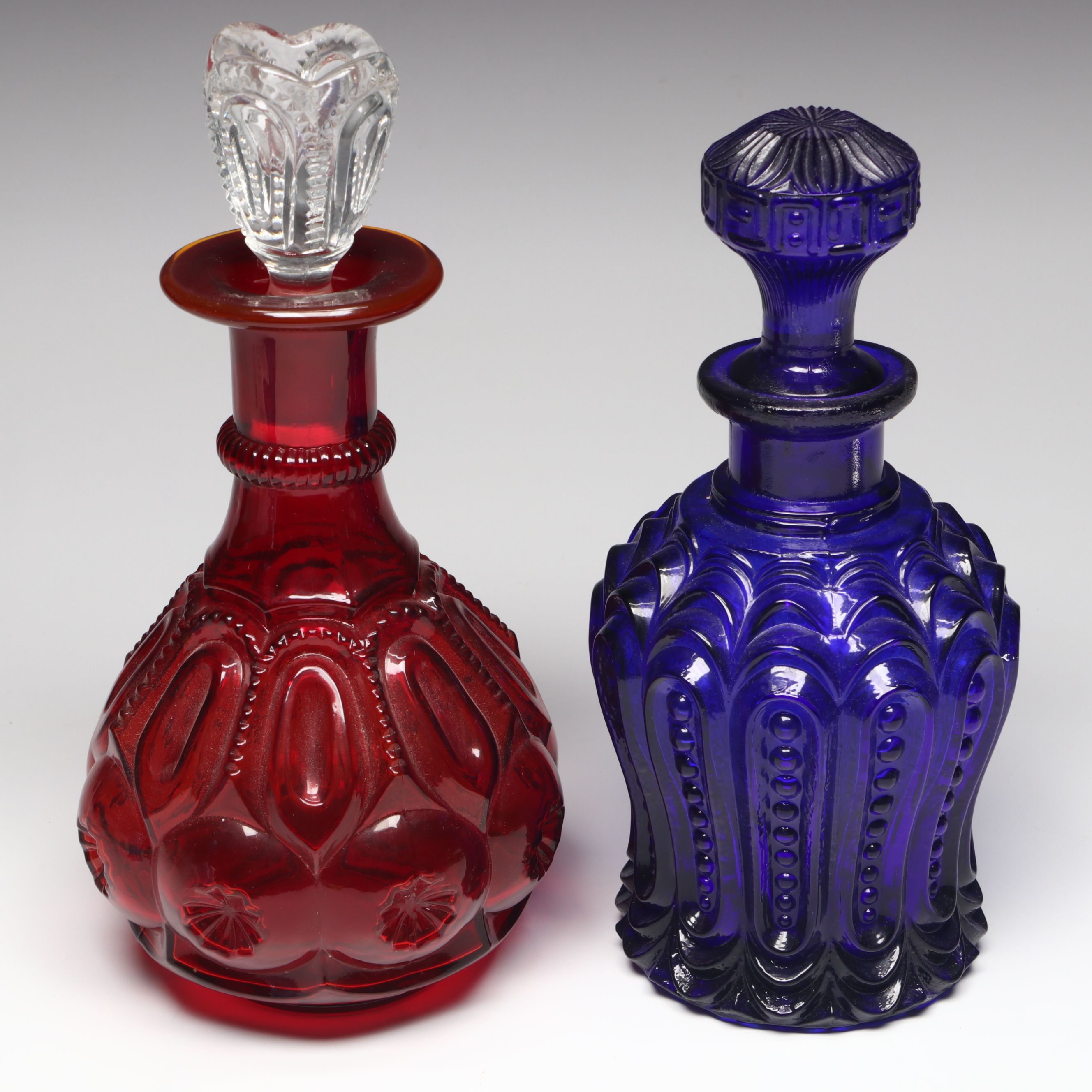 L. G. Wright "Moon and Star Ruby" Glass Decanter with Other Vintage Decanters