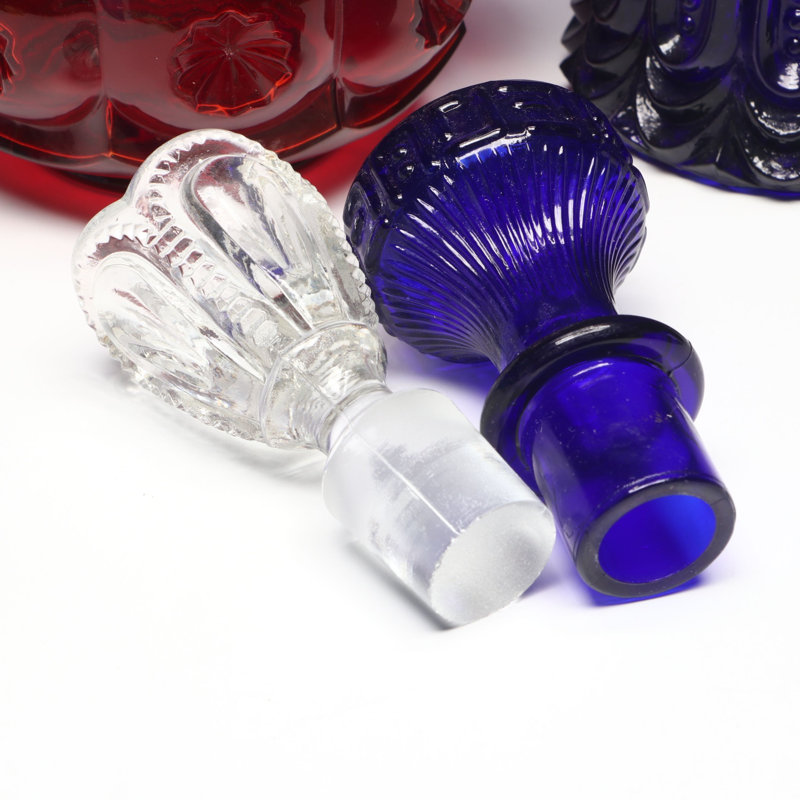 L. G. Wright "Moon and Star Ruby" Glass Decanter with Other Vintage Decanters