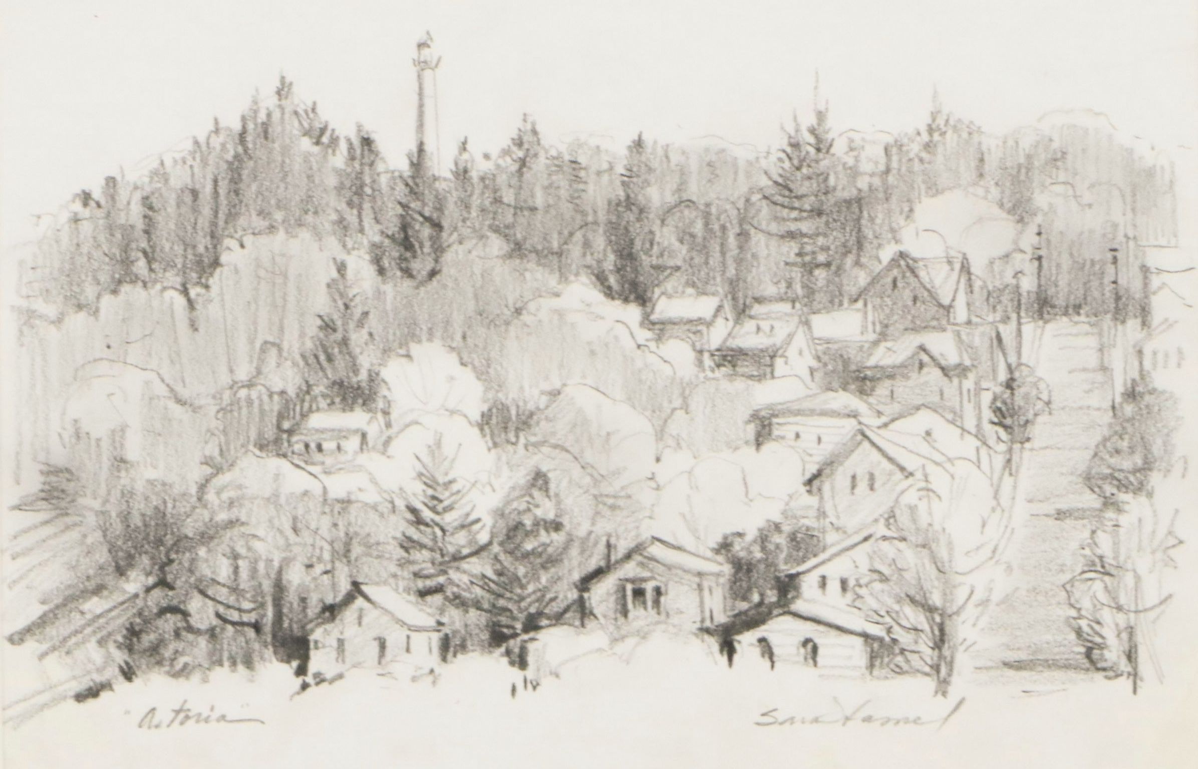 Landscape Graphite Drawing "Astoria," 21st Century