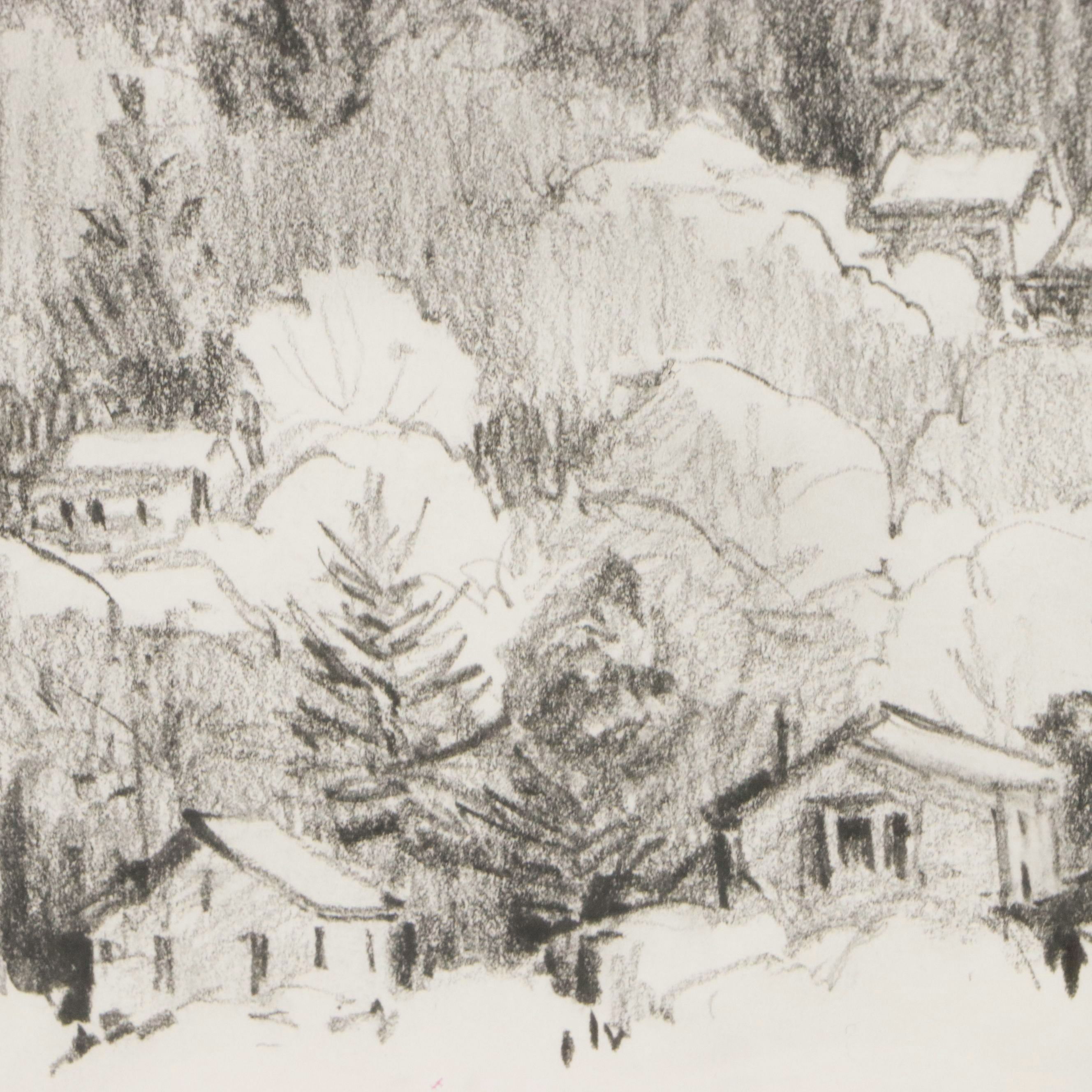 Landscape Graphite Drawing "Astoria," 21st Century