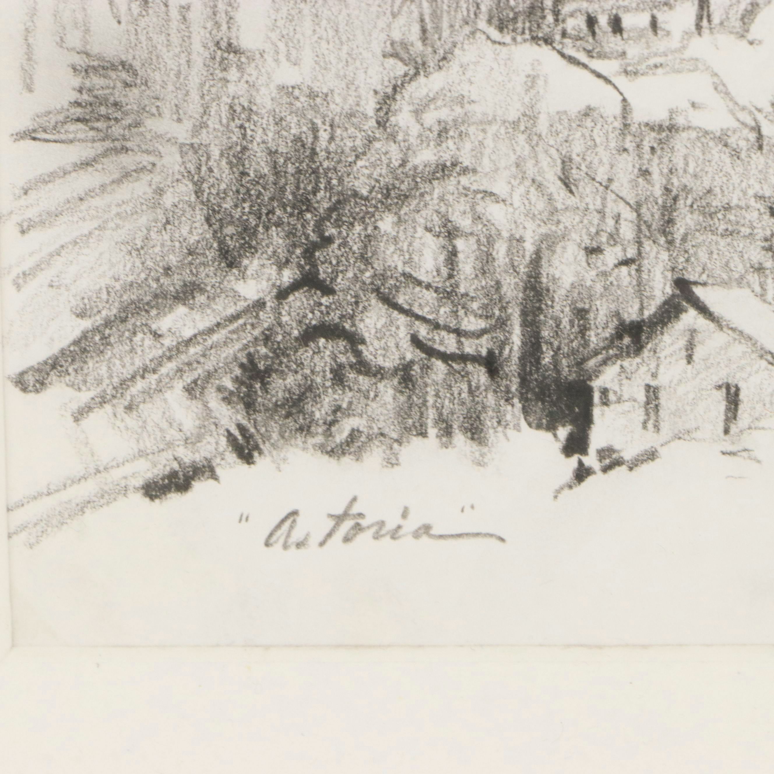 Landscape Graphite Drawing "Astoria," 21st Century