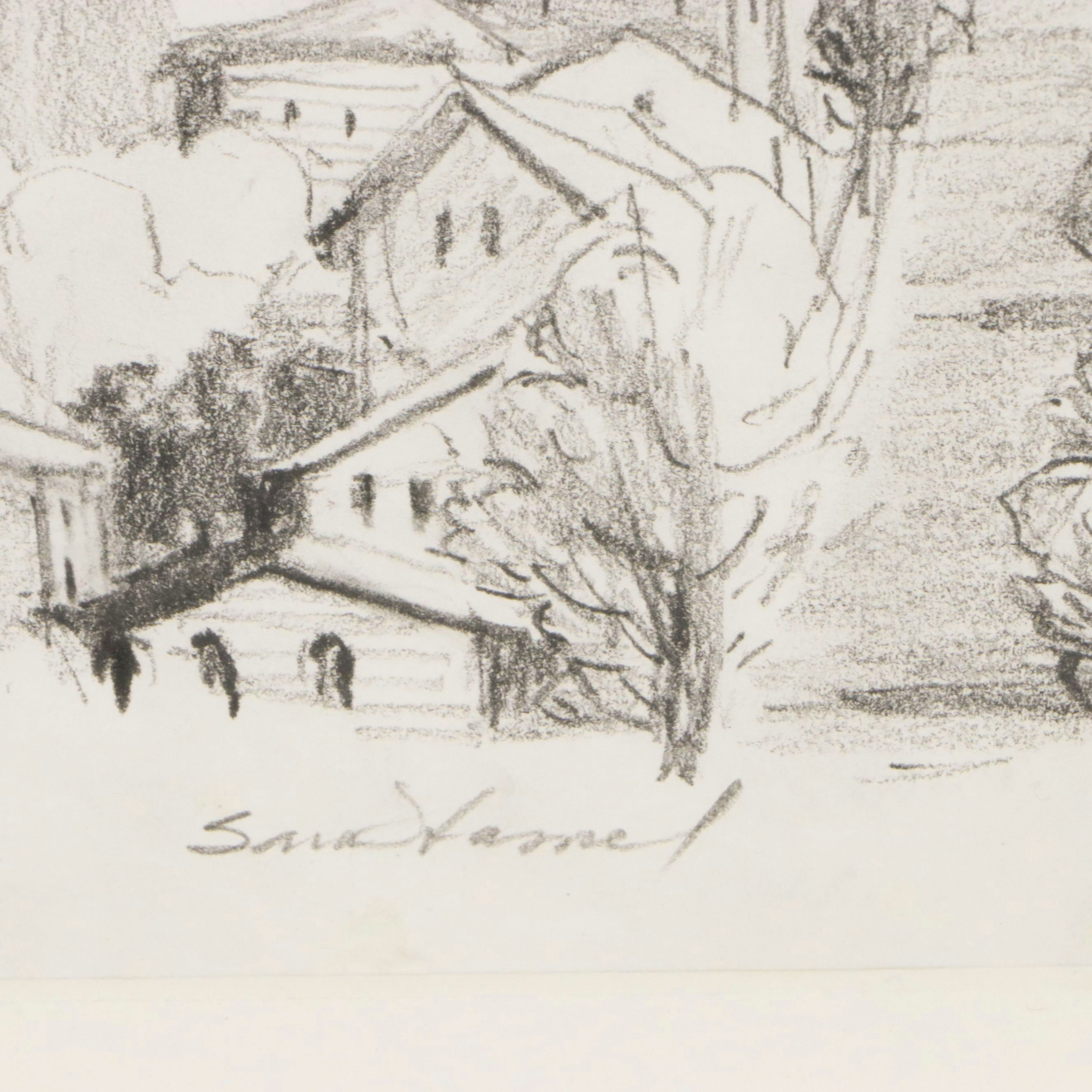 Landscape Graphite Drawing "Astoria," 21st Century