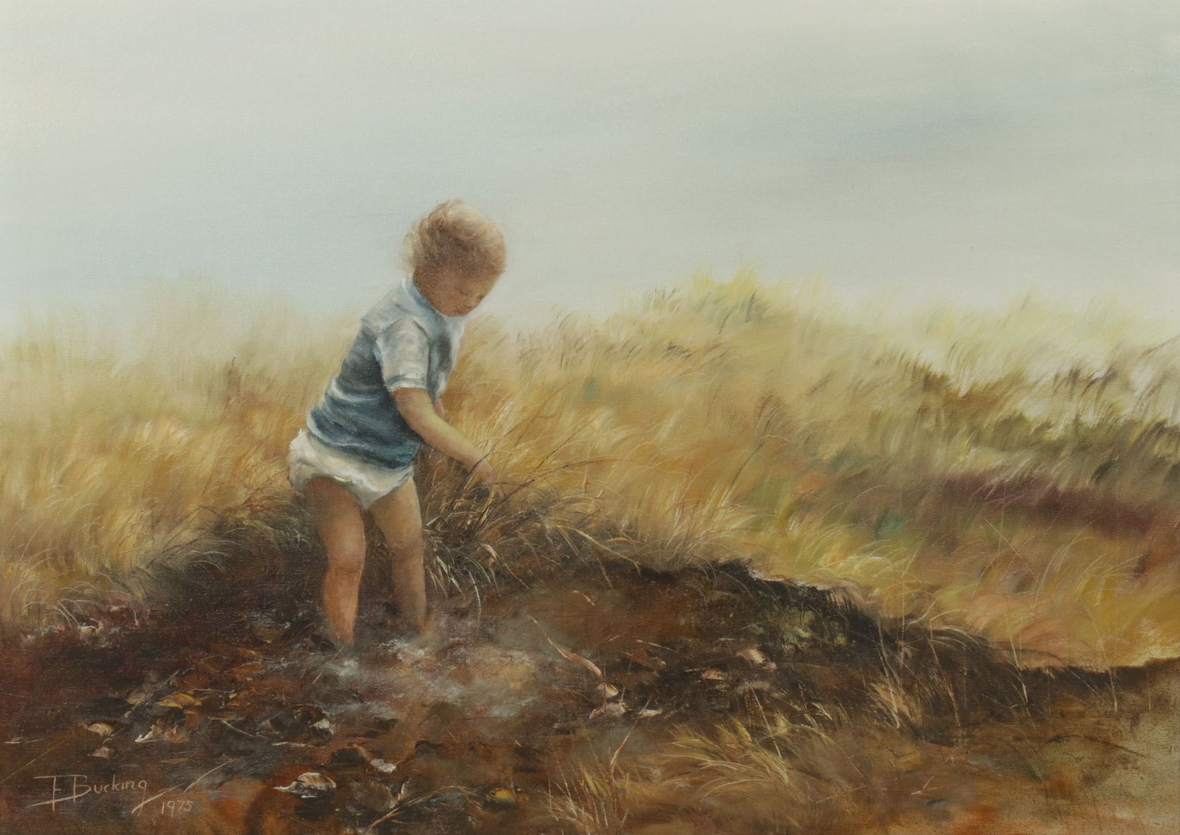 Ernestine Bucking Portrait Oil Painting of Child in a Marshy Field, 1974