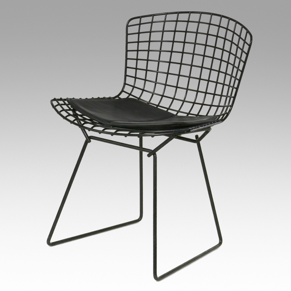 Knoll Harry Bertoia Style Wire Side Chair with Black Seat Pad