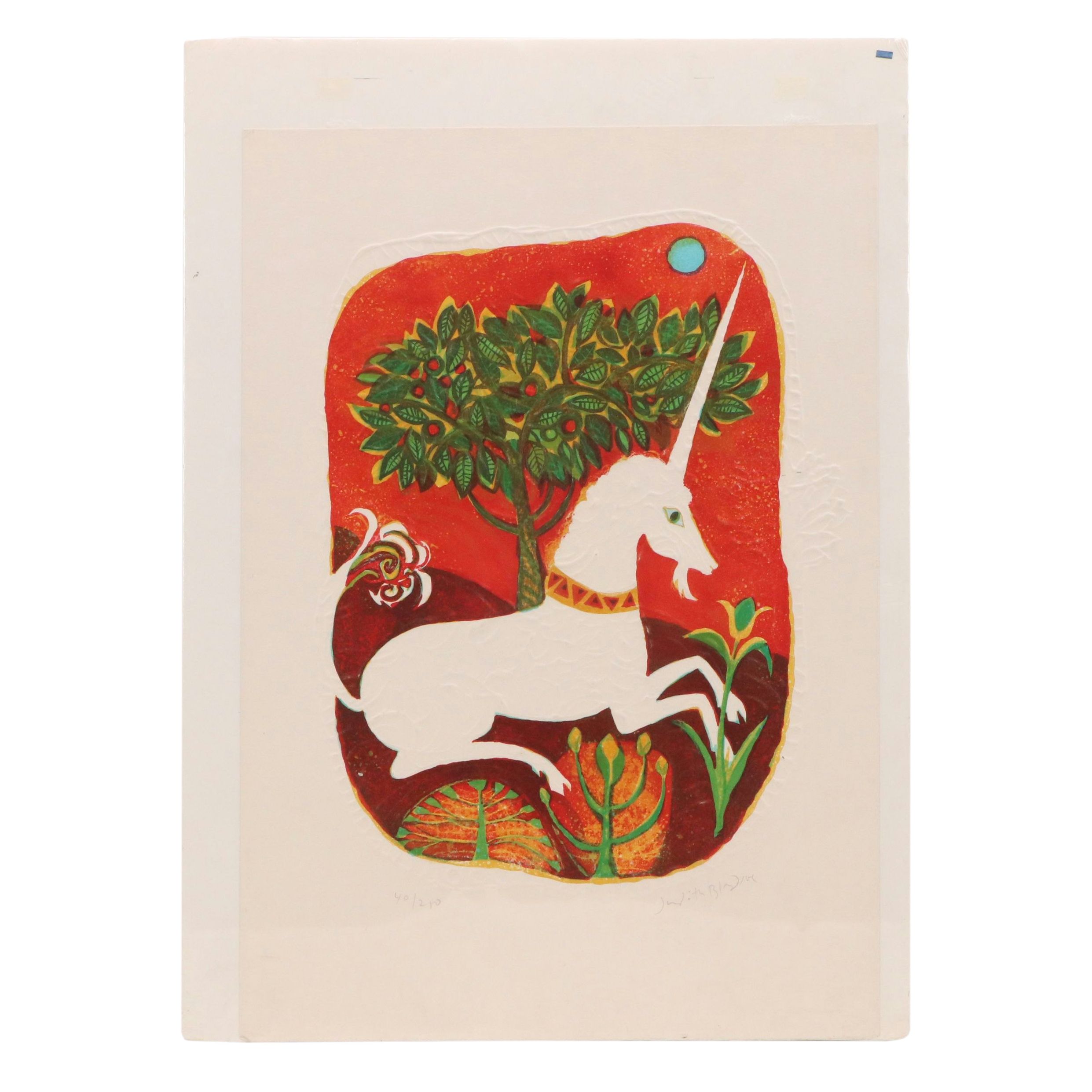 Judith Bledsoe Embossed Lithograph "Unicorn Tapestry," 1981