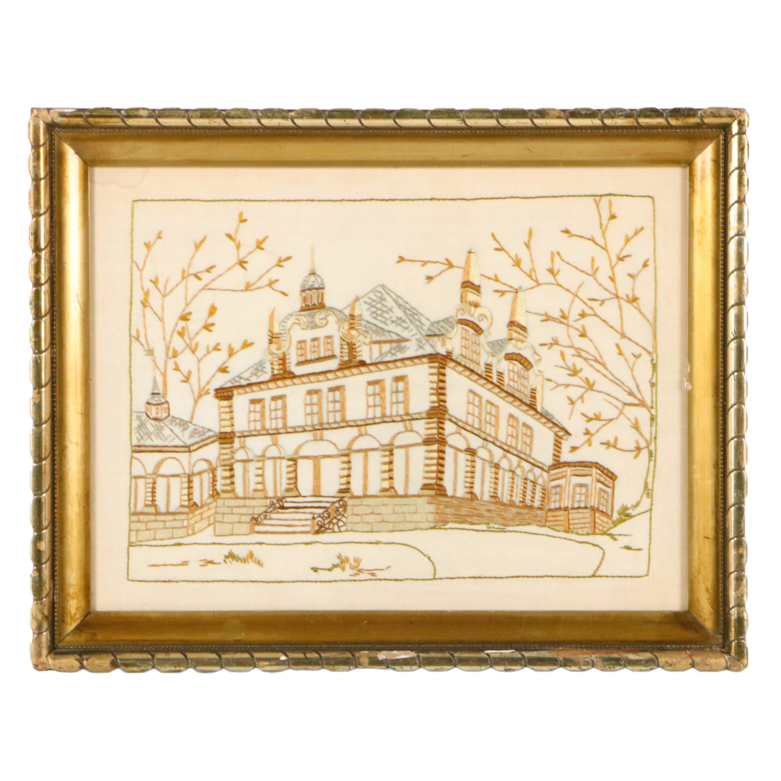 Hand-Embroidered Architectural View of Stone Manor