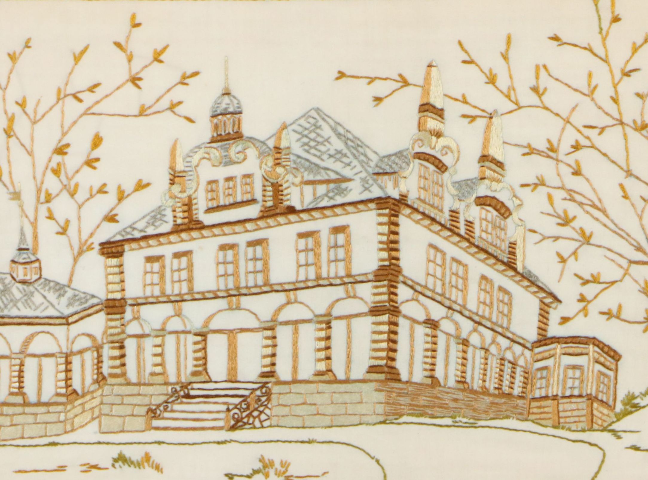 Hand-Embroidered Architectural View of Stone Manor