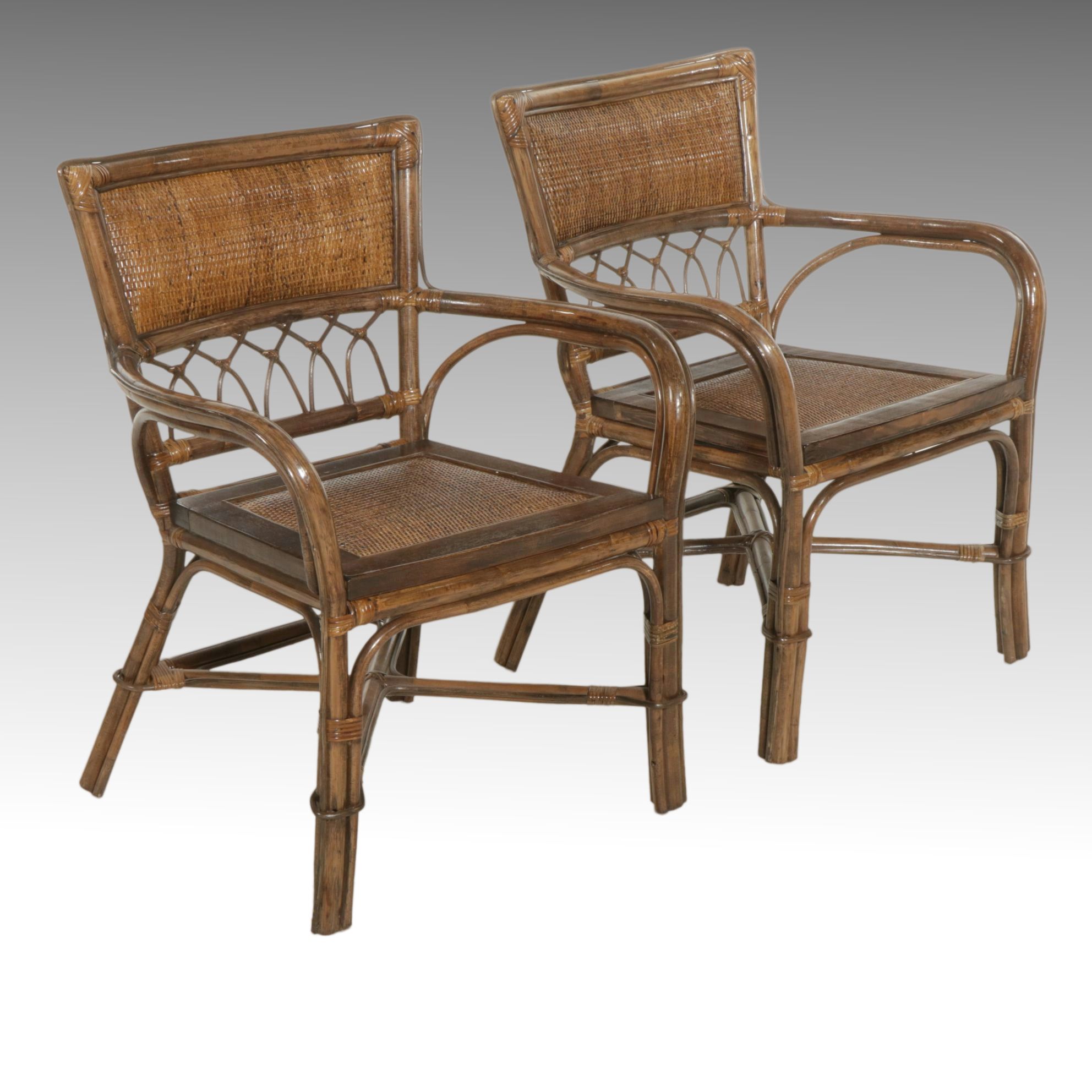 Bent Rattan Armchairs with Woven Cane Seat, Pair, Late 20th to 21st Century