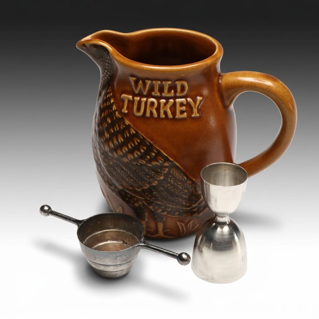 Austin Nichols Wild Turkey Ceramic Pitcher with Sterling and Metal Jiggers