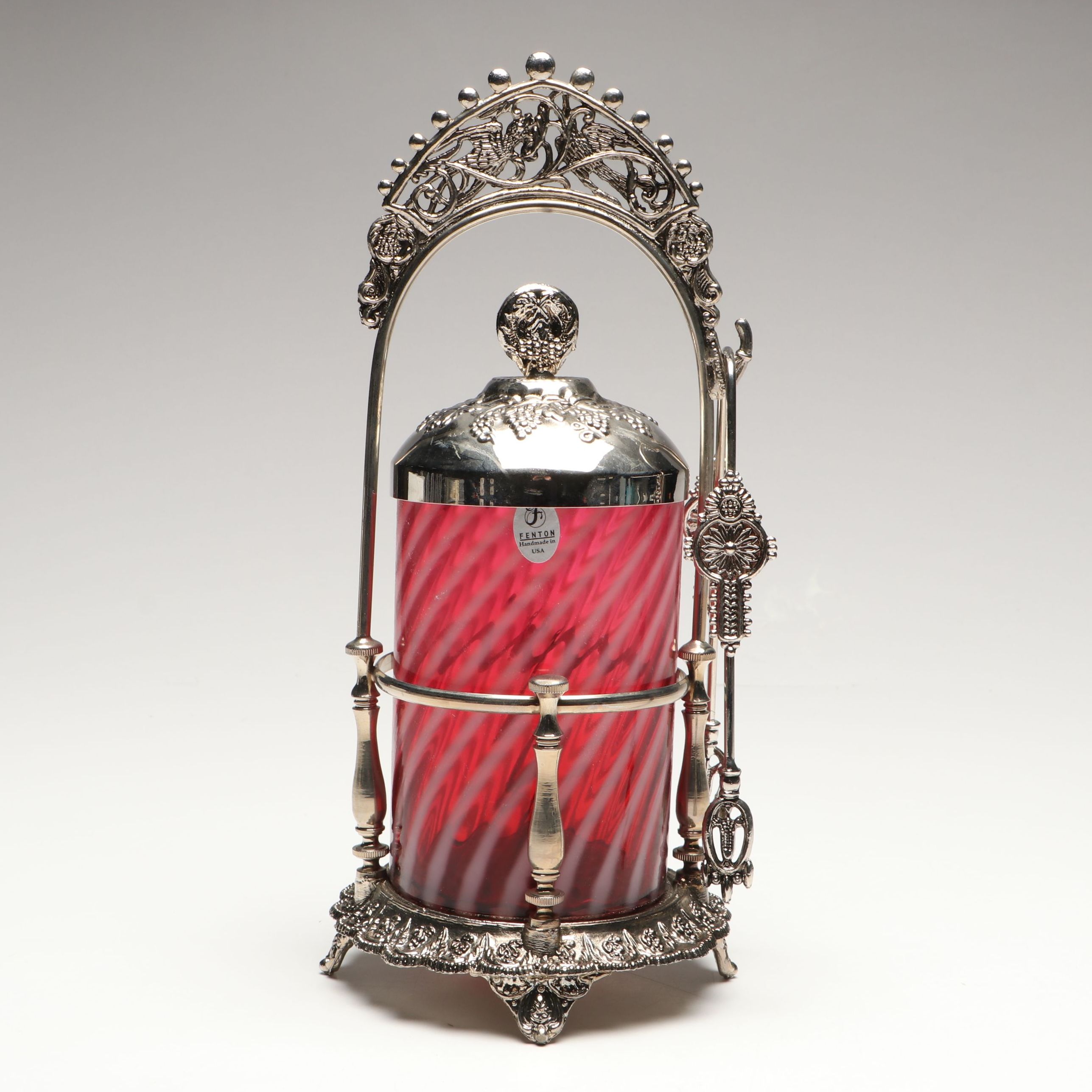 Fenton Cranberry Swirl and Metal Pickle Castor