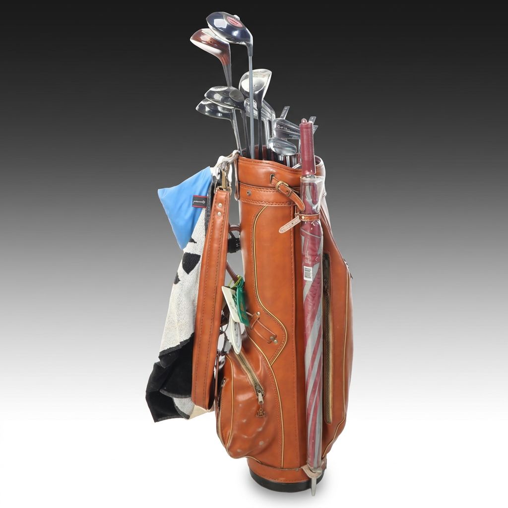 Collection of Golf Clubs, Leather Golf Bag, and More Golfing Equipment