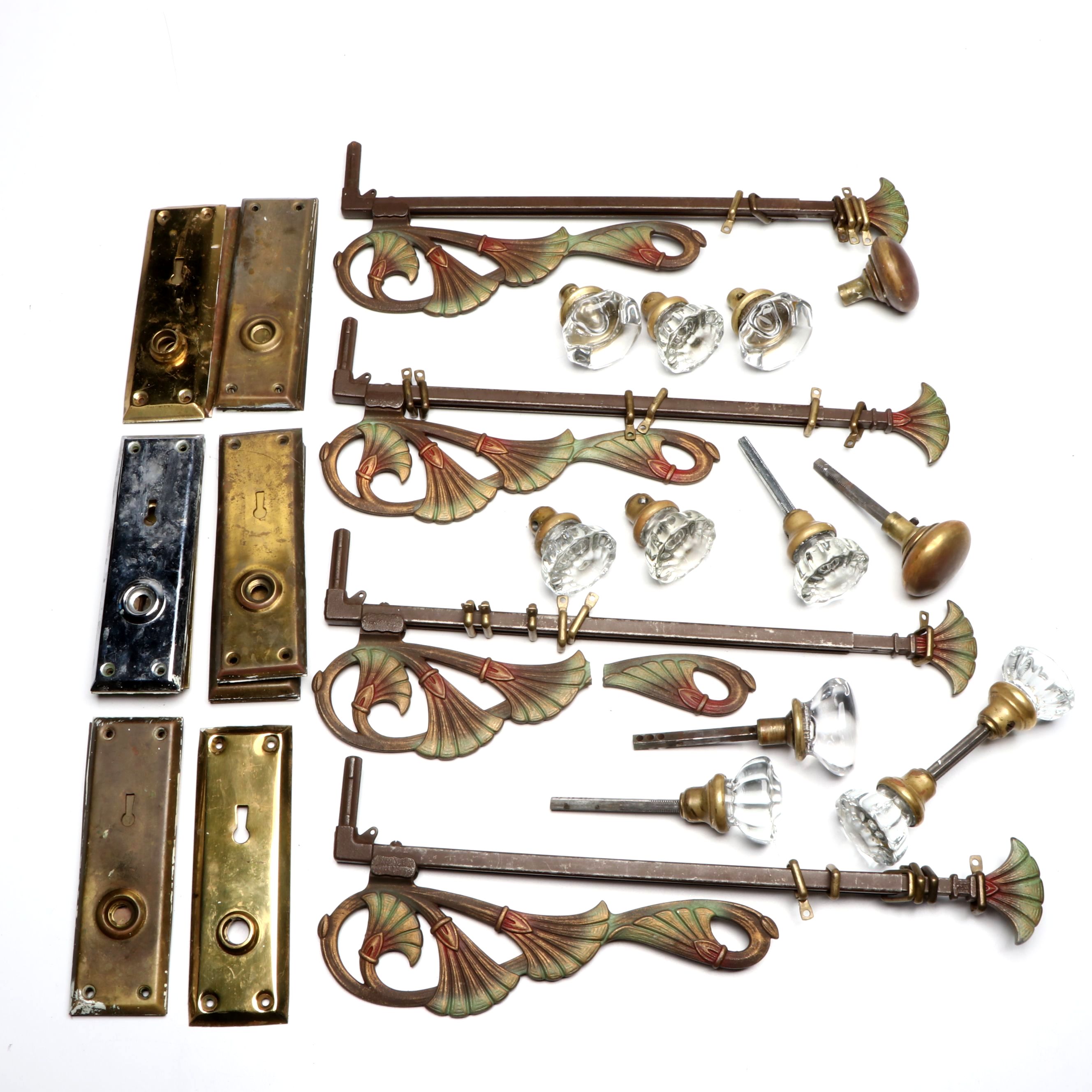 Art Nouveau Swing Arm Curtain Rods with Vintage Brass Finish Doorknobs