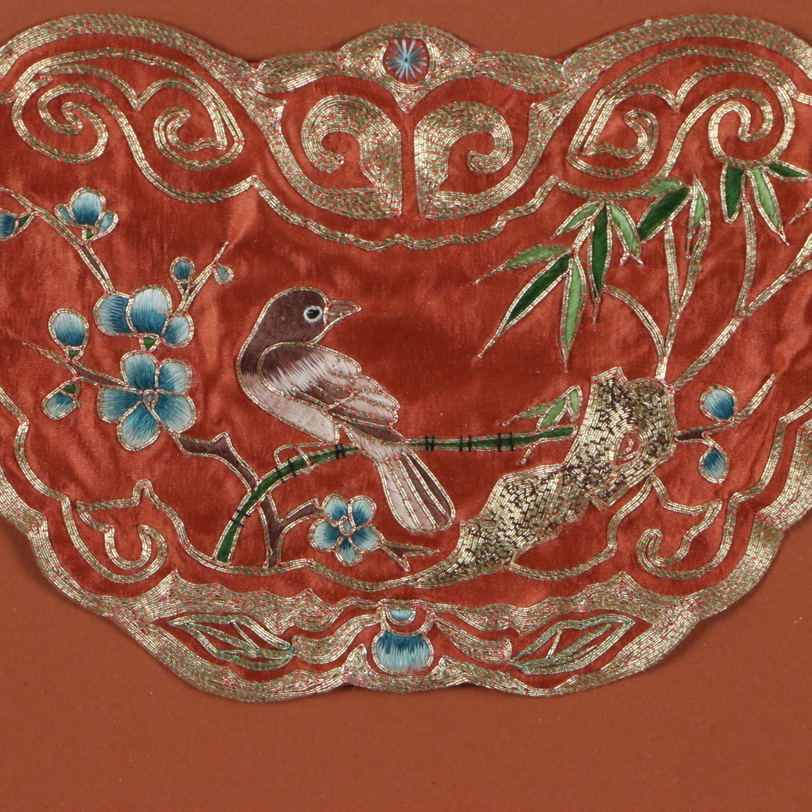 Chinese Late Qing Dynasty Silk and Gold Thread Embroidery Fragment