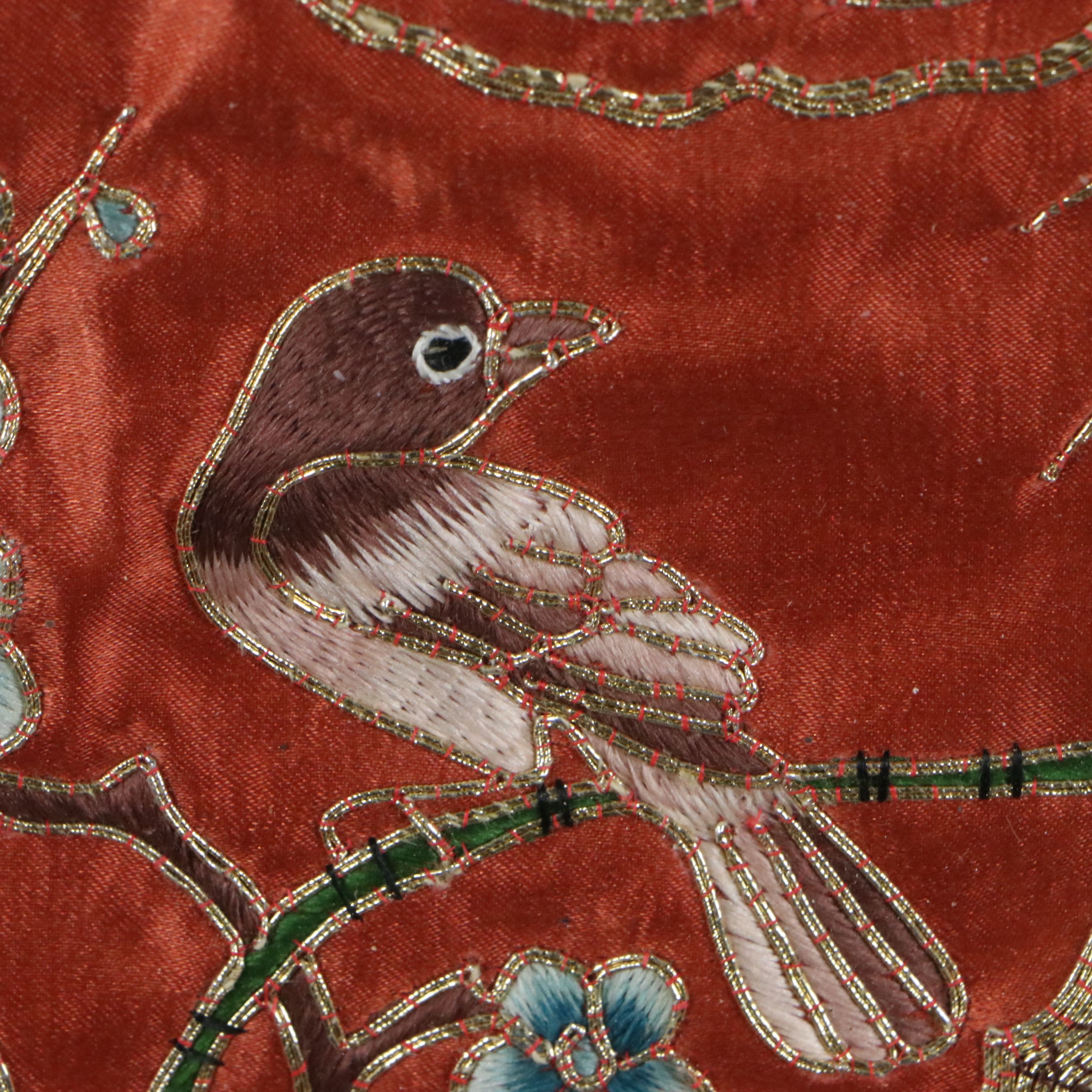 Chinese Late Qing Dynasty Silk and Gold Thread Embroidery Fragment