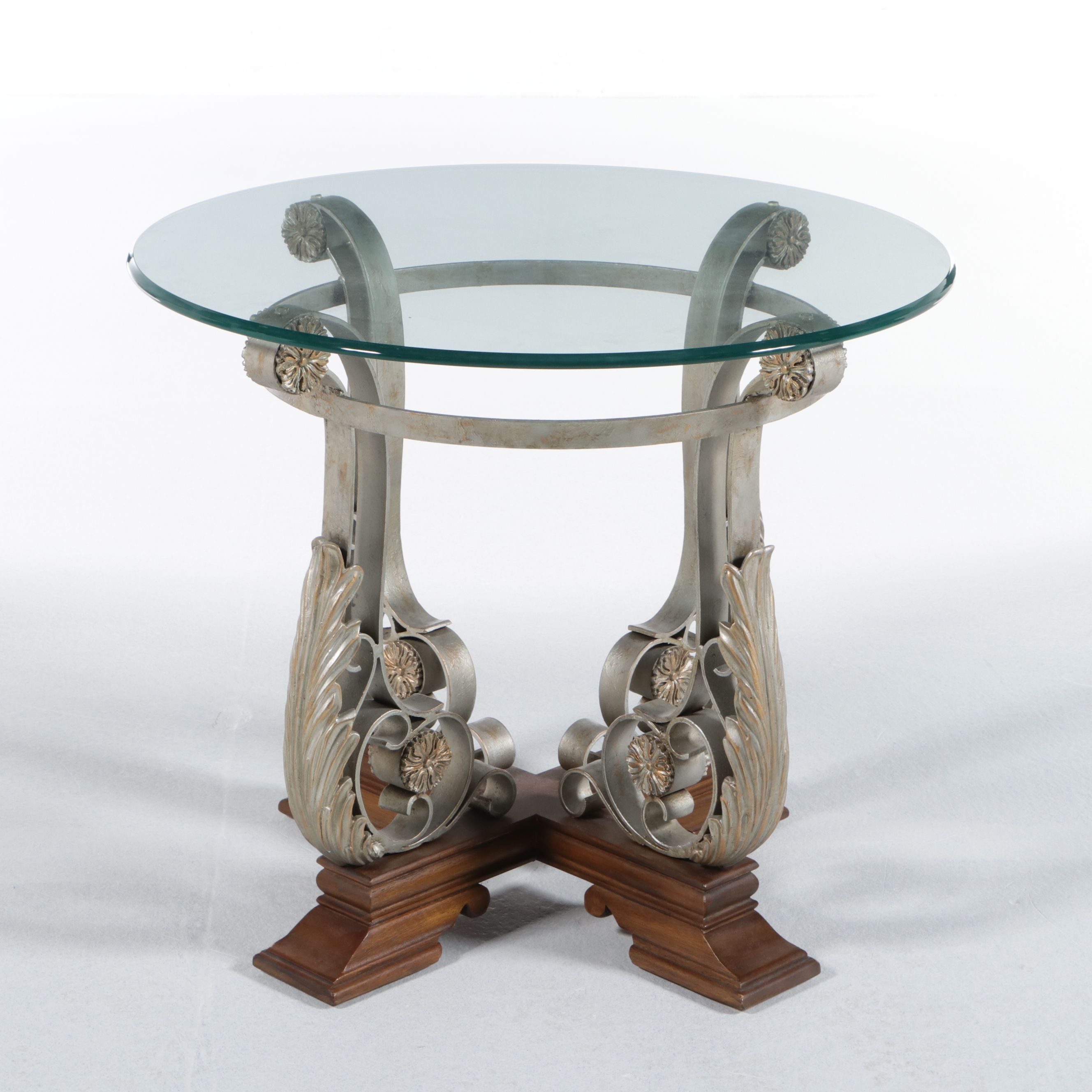 Modern Neoclassical Style Scrolled Iron and Glass Side Table