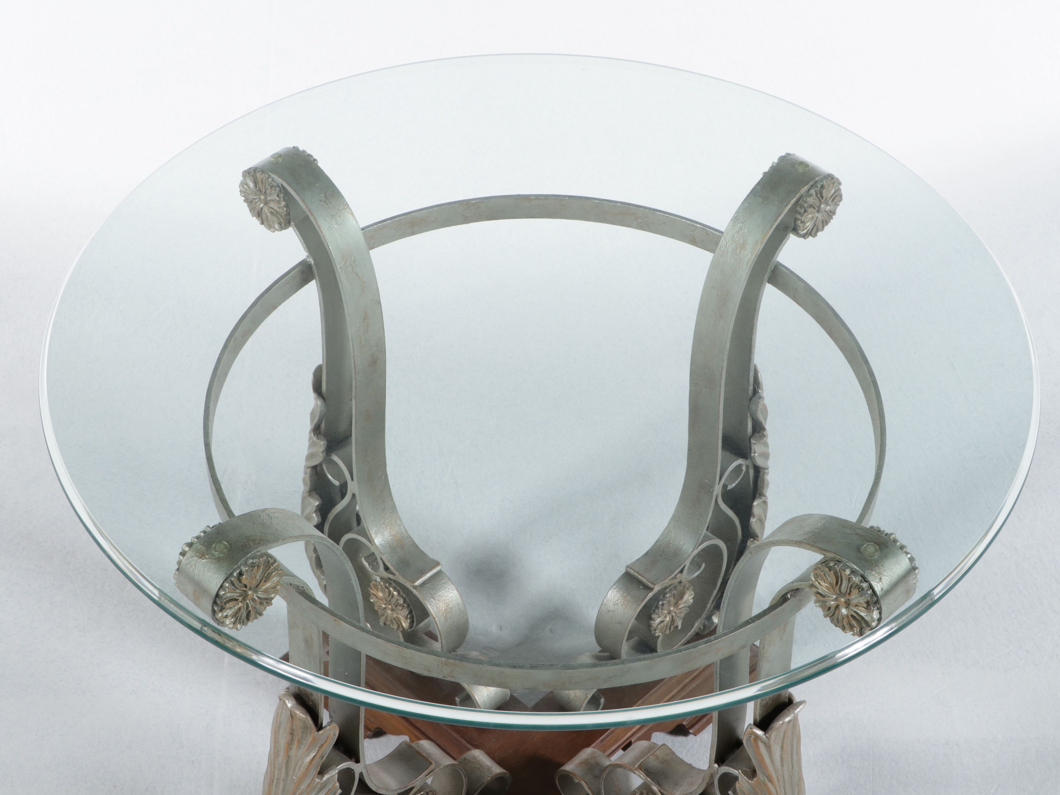 Modern Neoclassical Style Scrolled Iron and Glass Side Table