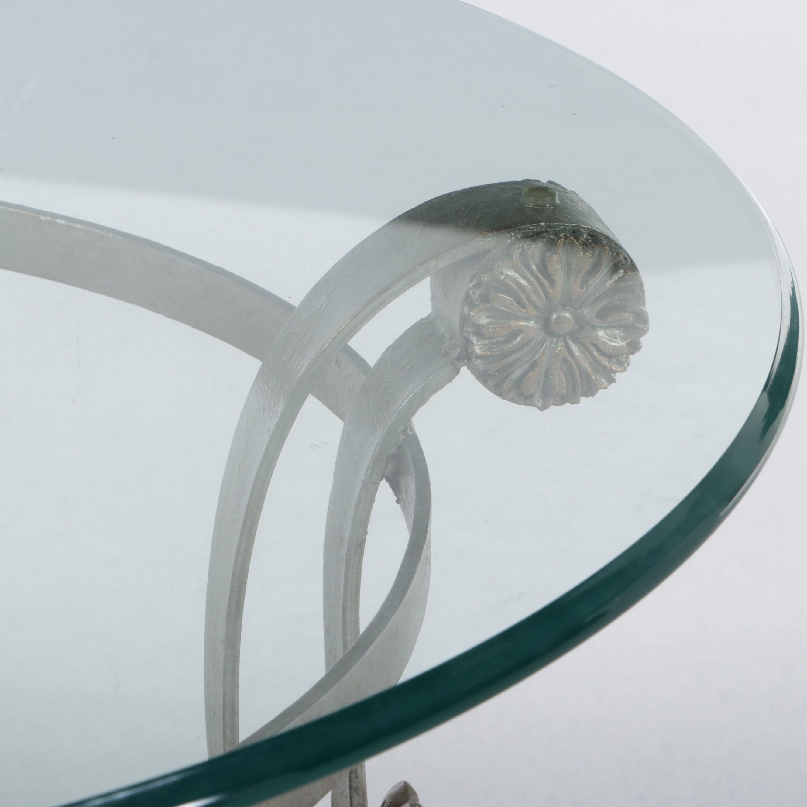 Modern Neoclassical Style Scrolled Iron and Glass Side Table