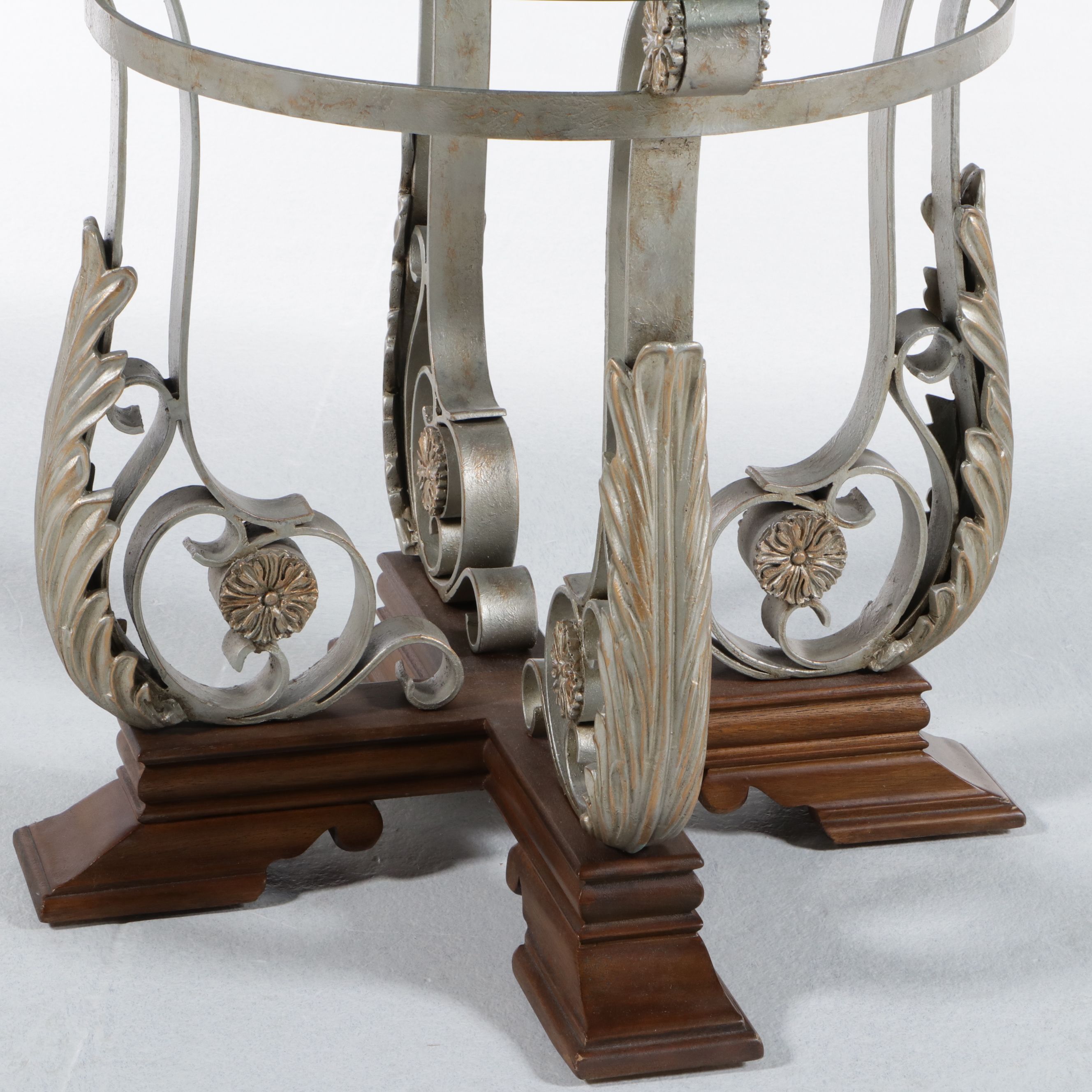 Modern Neoclassical Style Scrolled Iron and Glass Side Table