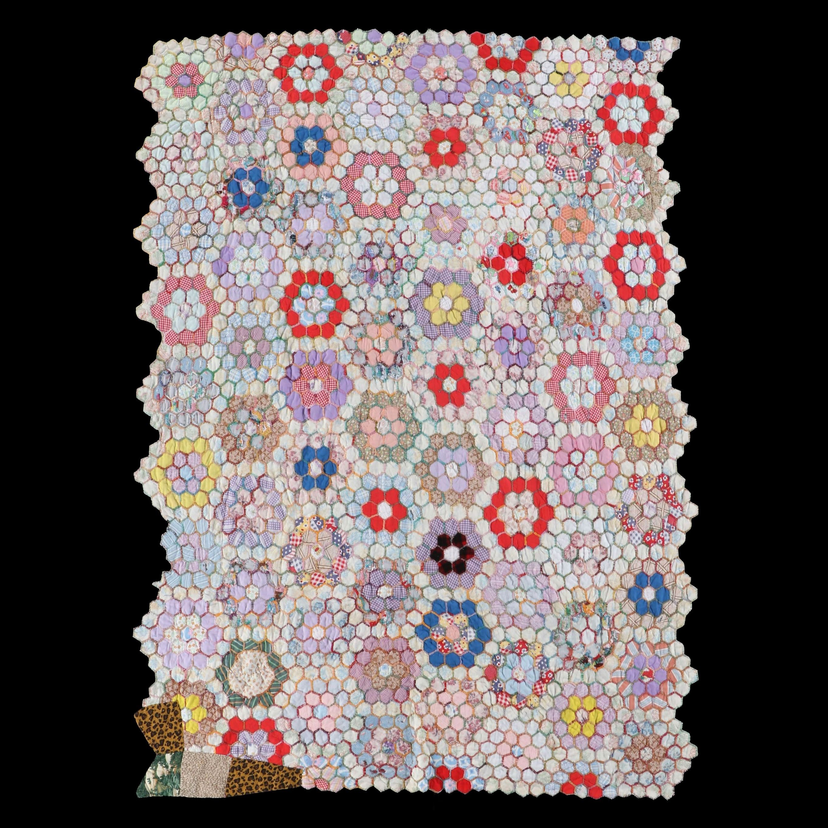 Hand-Pieced "Grandmother's Flower Garden" Yo-Yo Cotton Quilt