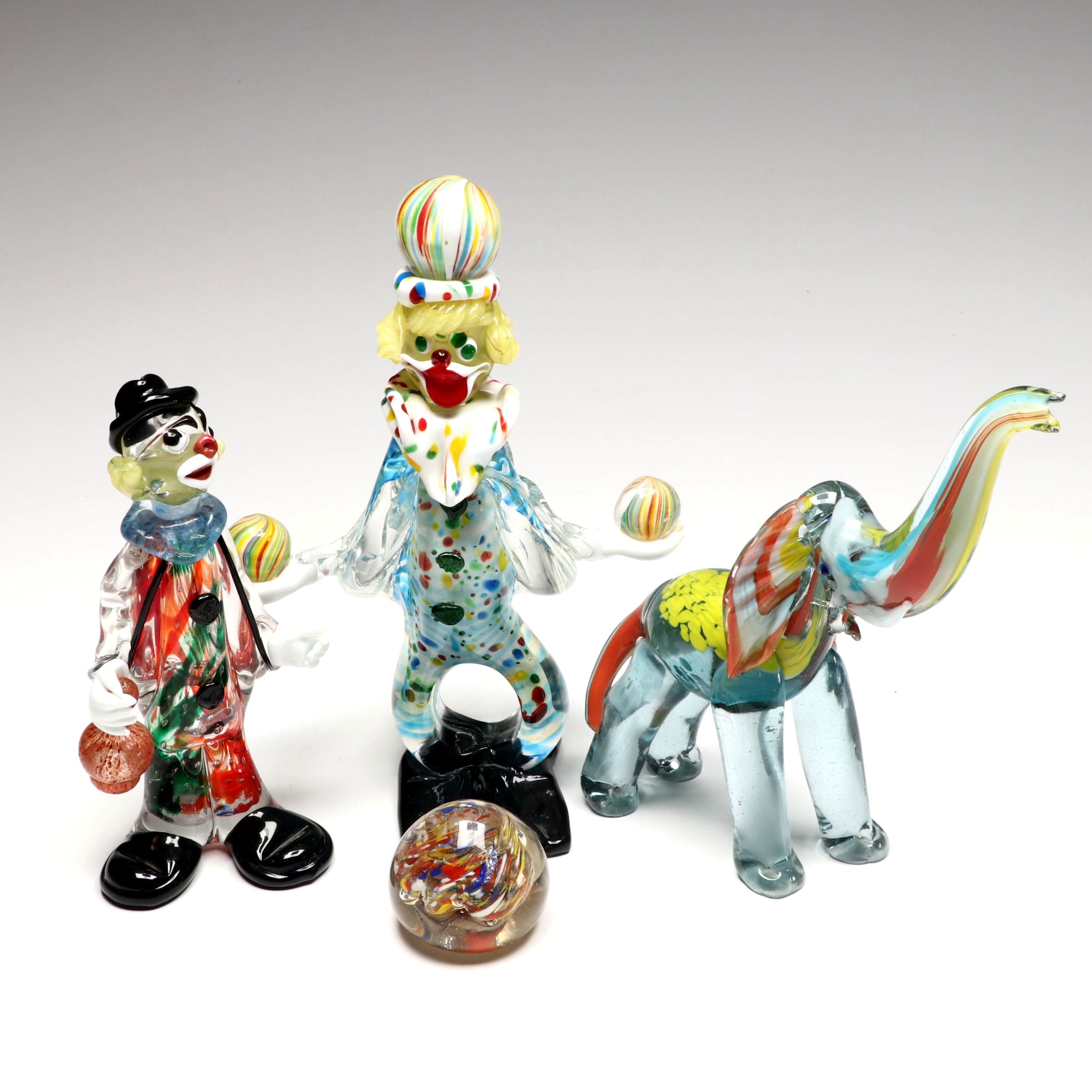 Murano Style Art Glass Clowns and Elephant with Paperweight